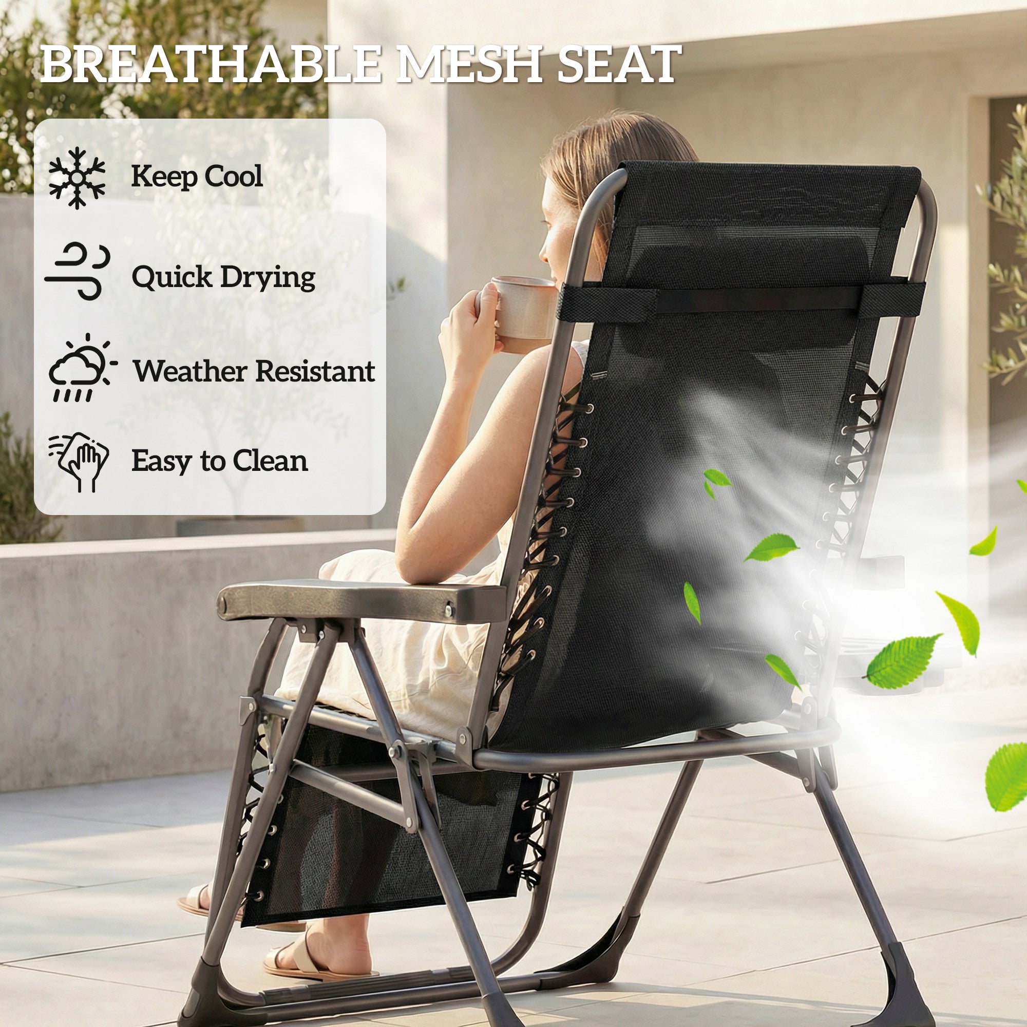 Zero Gravity Chairs Set of 2, Folding Sunloungers Reclining Garden Chairs with Cup Holder, Headrest, Black