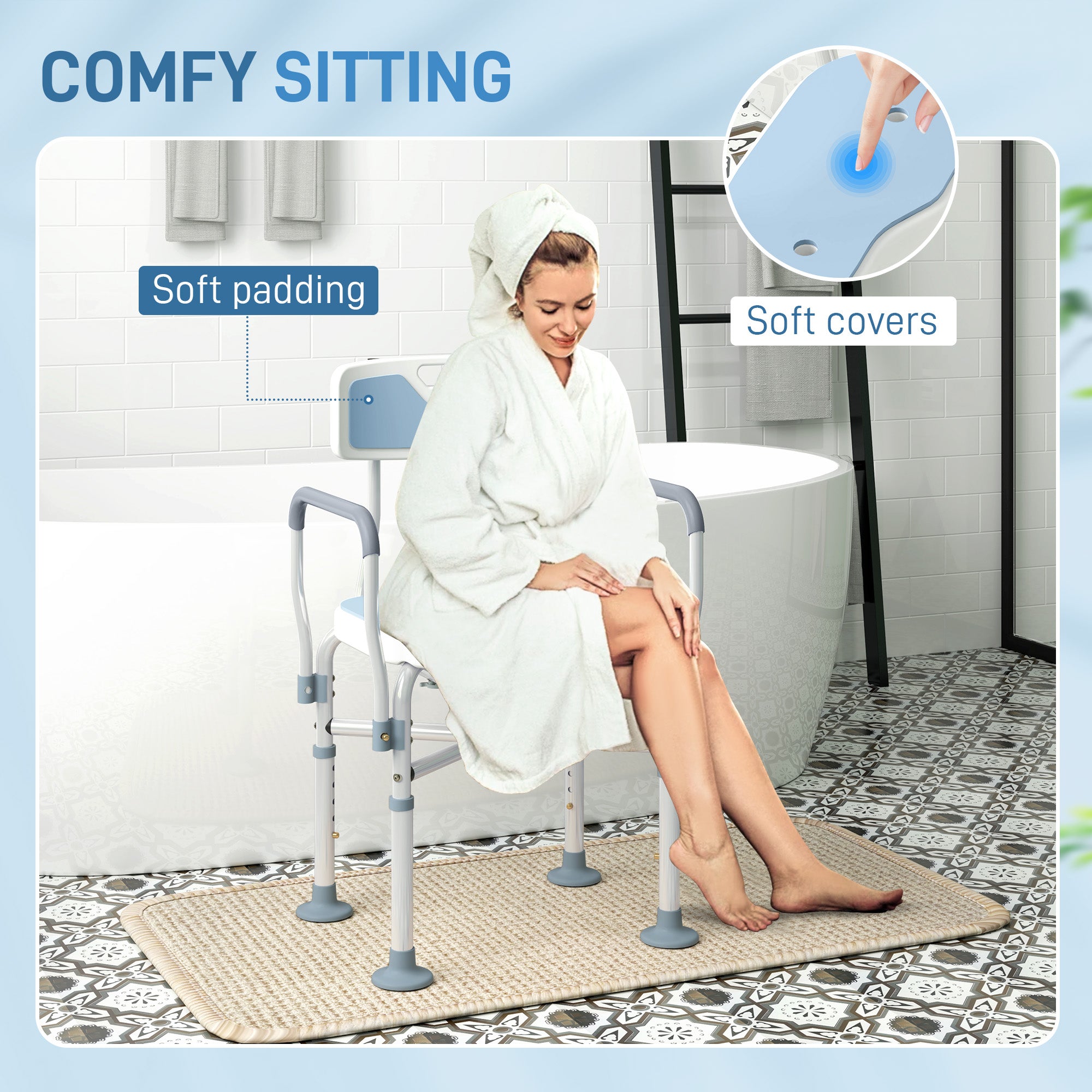 Aluminium Shower Chair, with Padded Seat - Light Blue