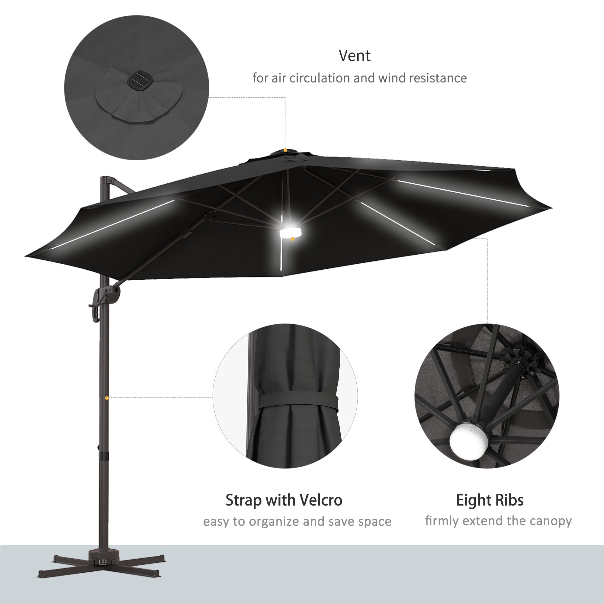 Cantilever Parasol, with LED Lights and Cross Base - Dark Grey