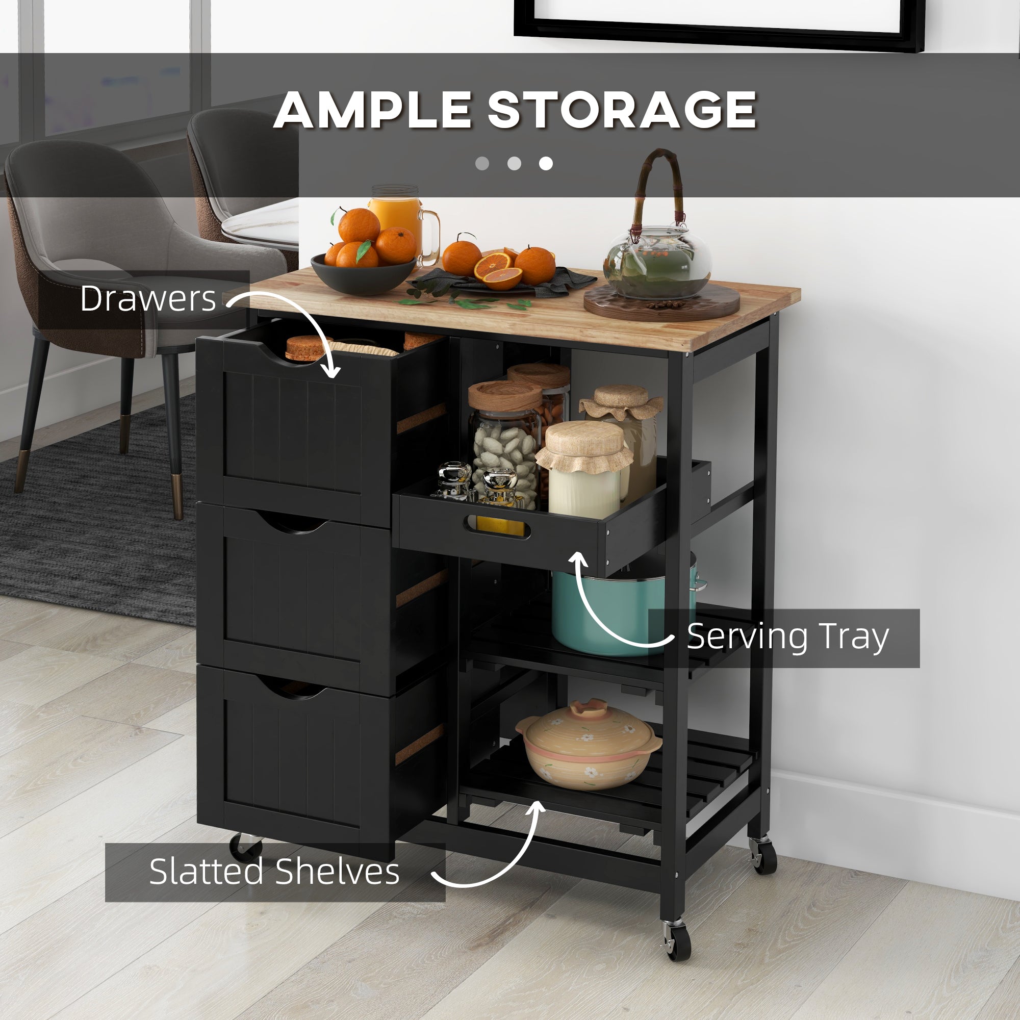 Rolling Kitchen Island Cart, Bar Serving Cart, Compact Trolley on Wheels with Wood Top, Shelves & Drawers for Home Dining Area, Black