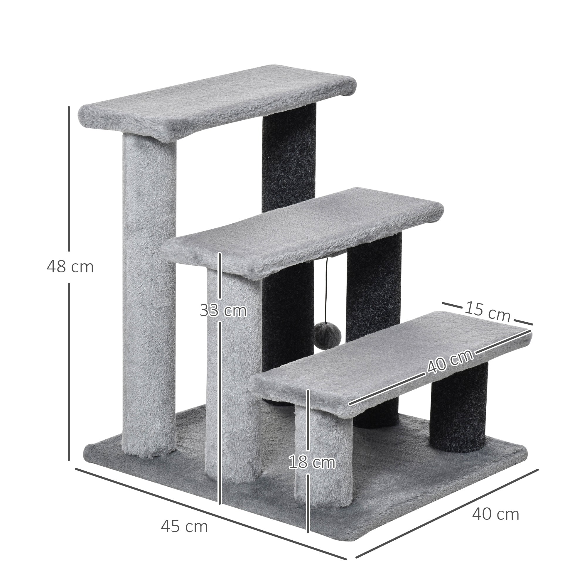 3-step Pet Stairs with Scratching Posts, Platforms, Toy Ball, Grey