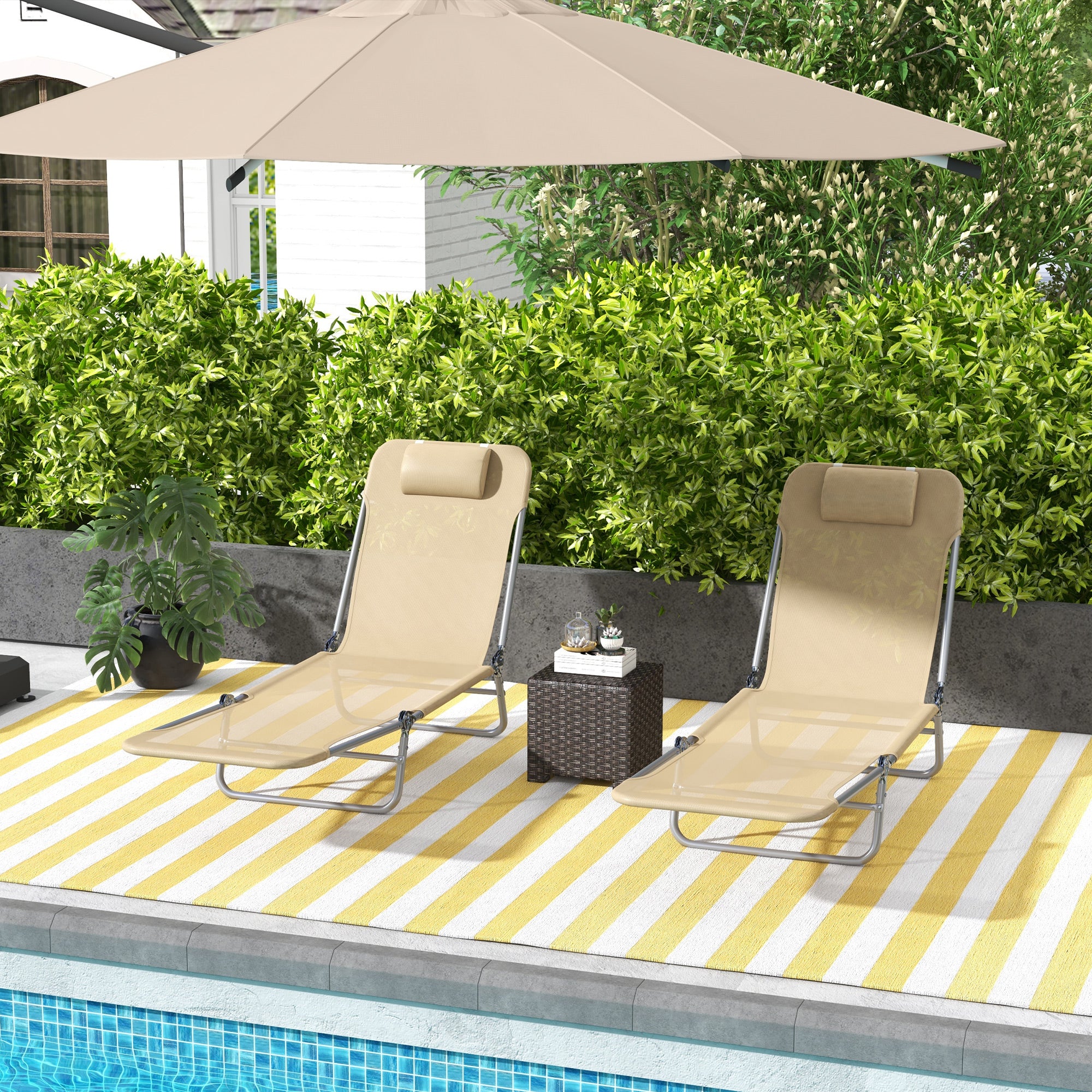 Set of Two Steel Frame Sun Loungers, with Reclining Backs - Brown