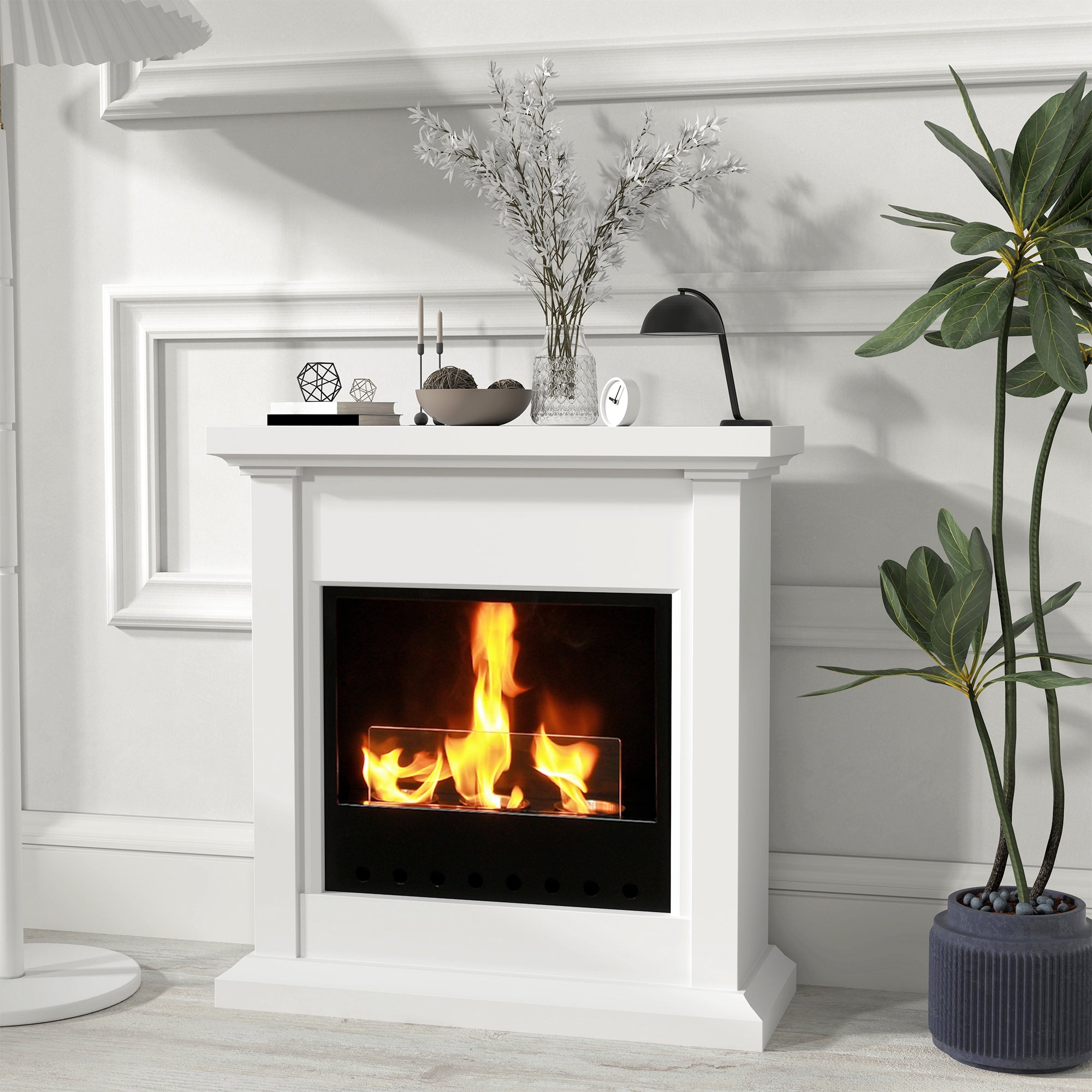 Bioethanol Fire Heater, with Mantelpiece - White