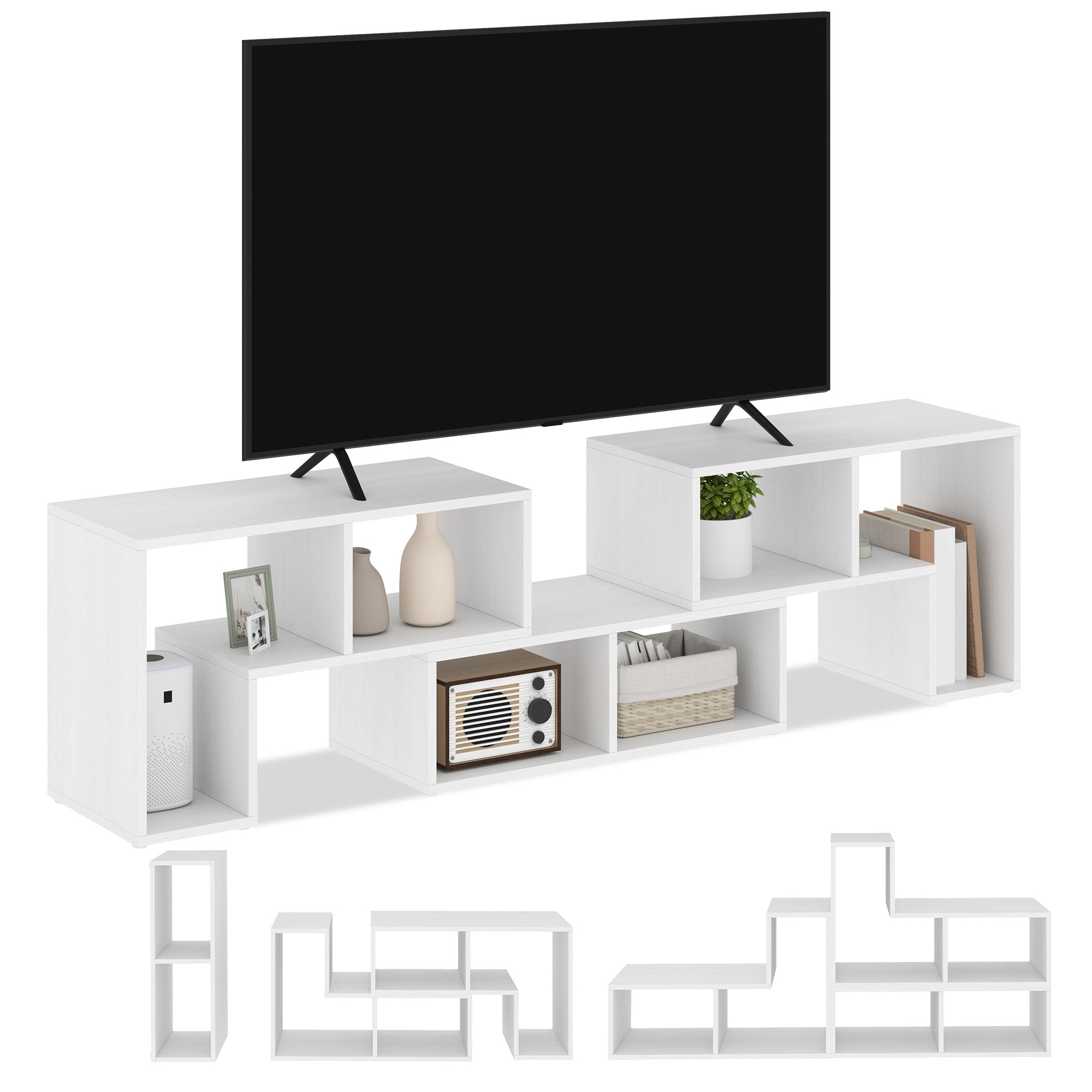 TV Stand for TVs up to 75 Inches, Free Combination TV Unit with Storage Shelves, Extendable Entertainment Centre for Living Room, White Wood Grain