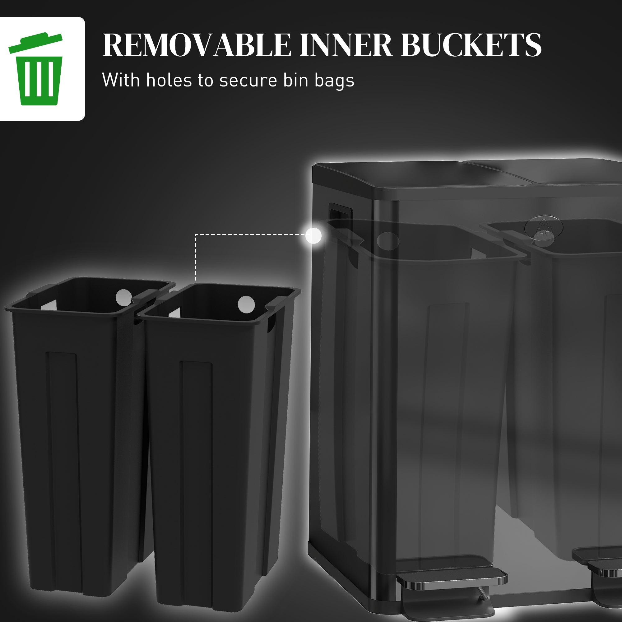 40L Dual Compartment Stainless Steel Bin, with Deodoriser Holders - Black