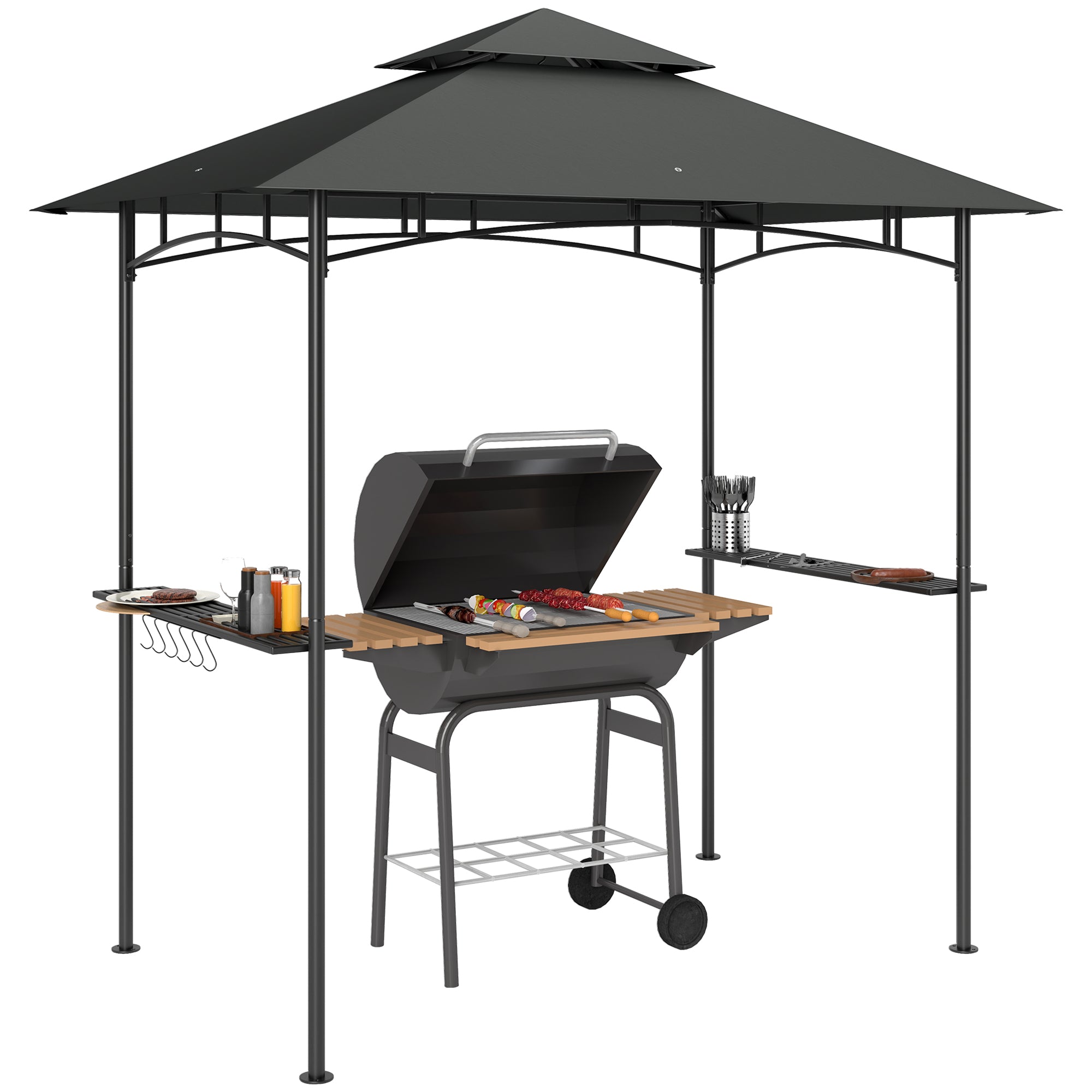 8 Foot Double Tiered BBQ Grill Gazebo with LED Lights Dark Grey