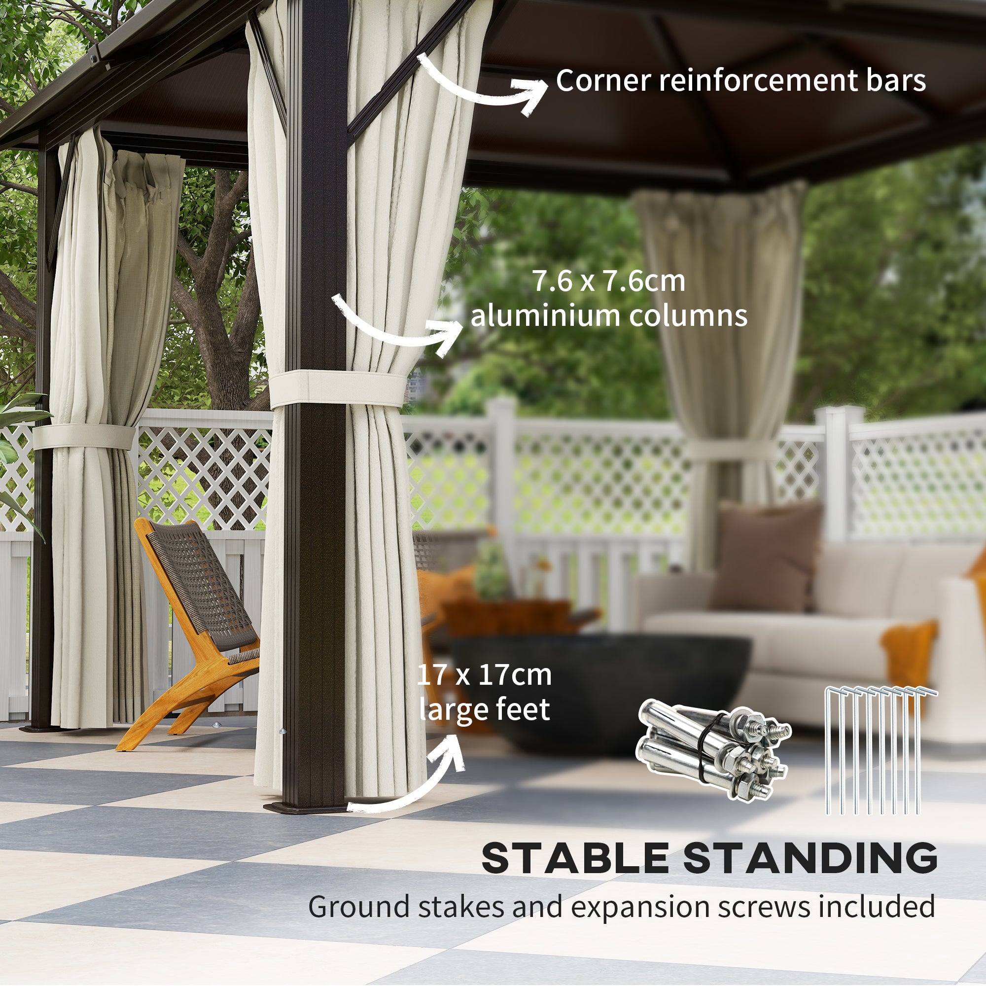 3 x 3(m) Hardtop Gazebo Canopy with UPF30+ Double Polycarbonate Roof, Aluminium Frame Garden Gazebo Permanent Pavilion with Mosquito Netting and Curtains for Patio, Deck, Beige