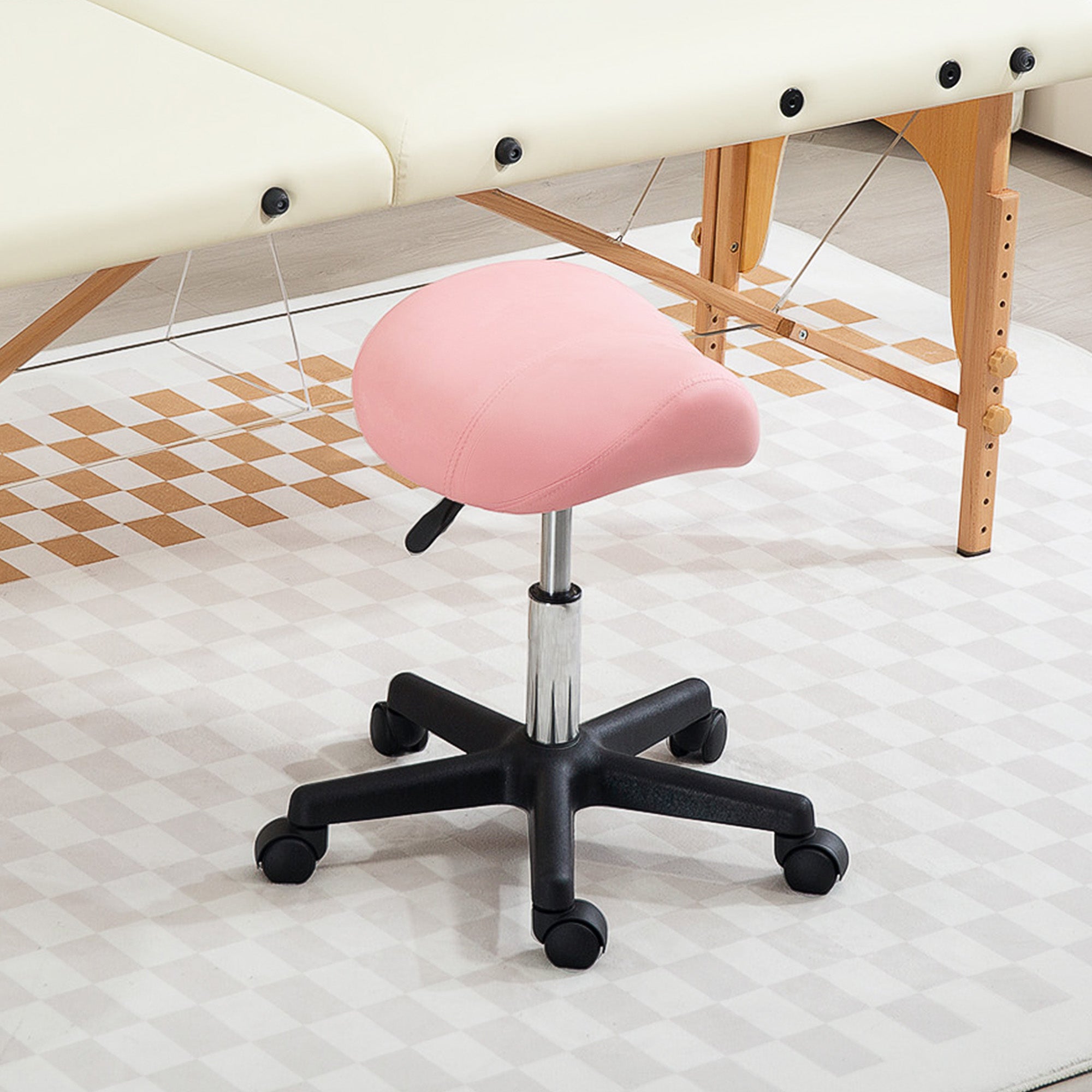 Adjustable PU Leather Saddle Stool with Steel Frame and Rolling Wheels for Salon, Spa, Tattoo - Pink