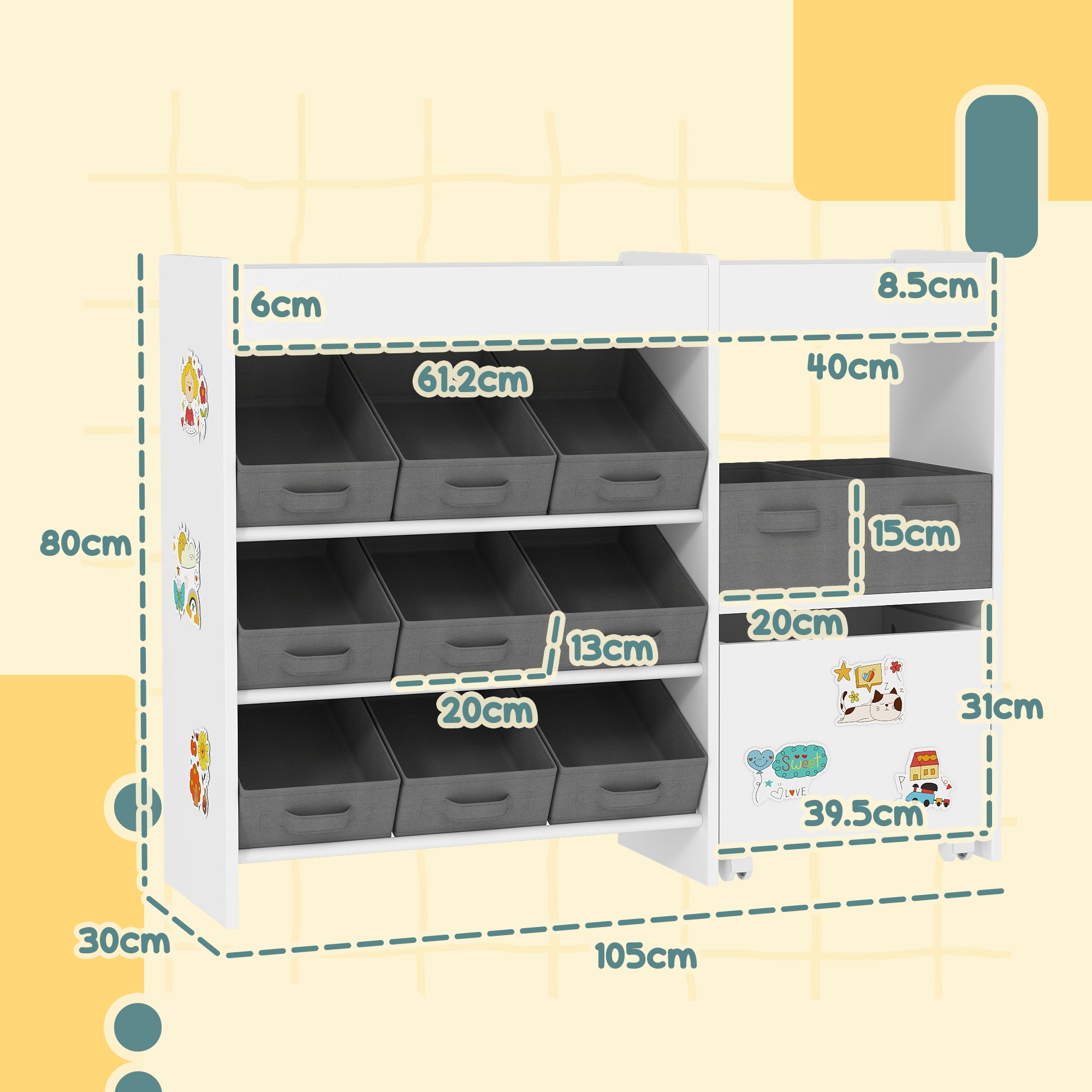Kids Toy Storage Unit with 11 Fabric Bins and Shelves - White