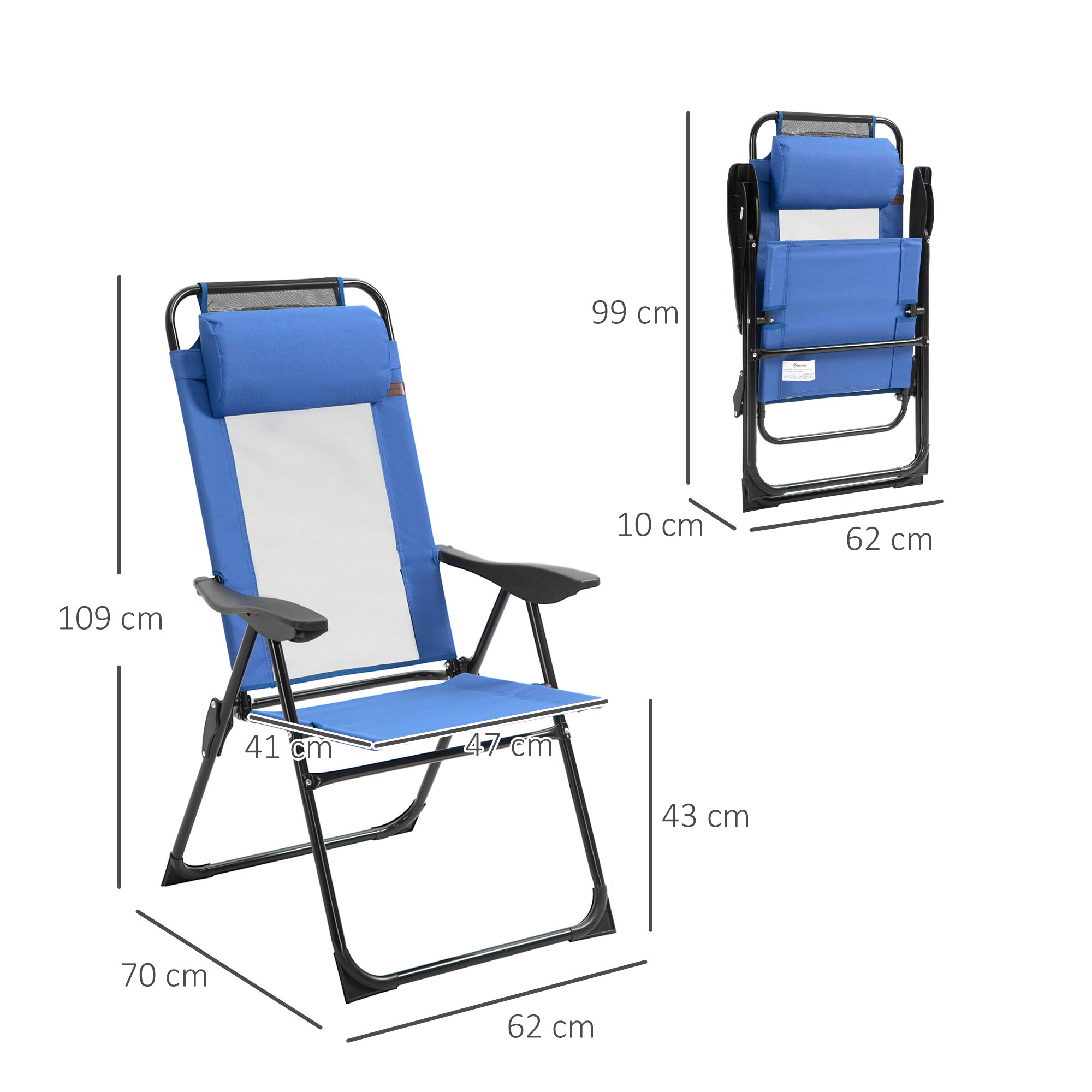 Folding Garden Chairs Set of 2, 5-Position Recliner Camping Chair with High Back, All Weather Texteline Seat, Portable Outdoor Dining Chairs with Headrests for Patio, Picnic, Blue