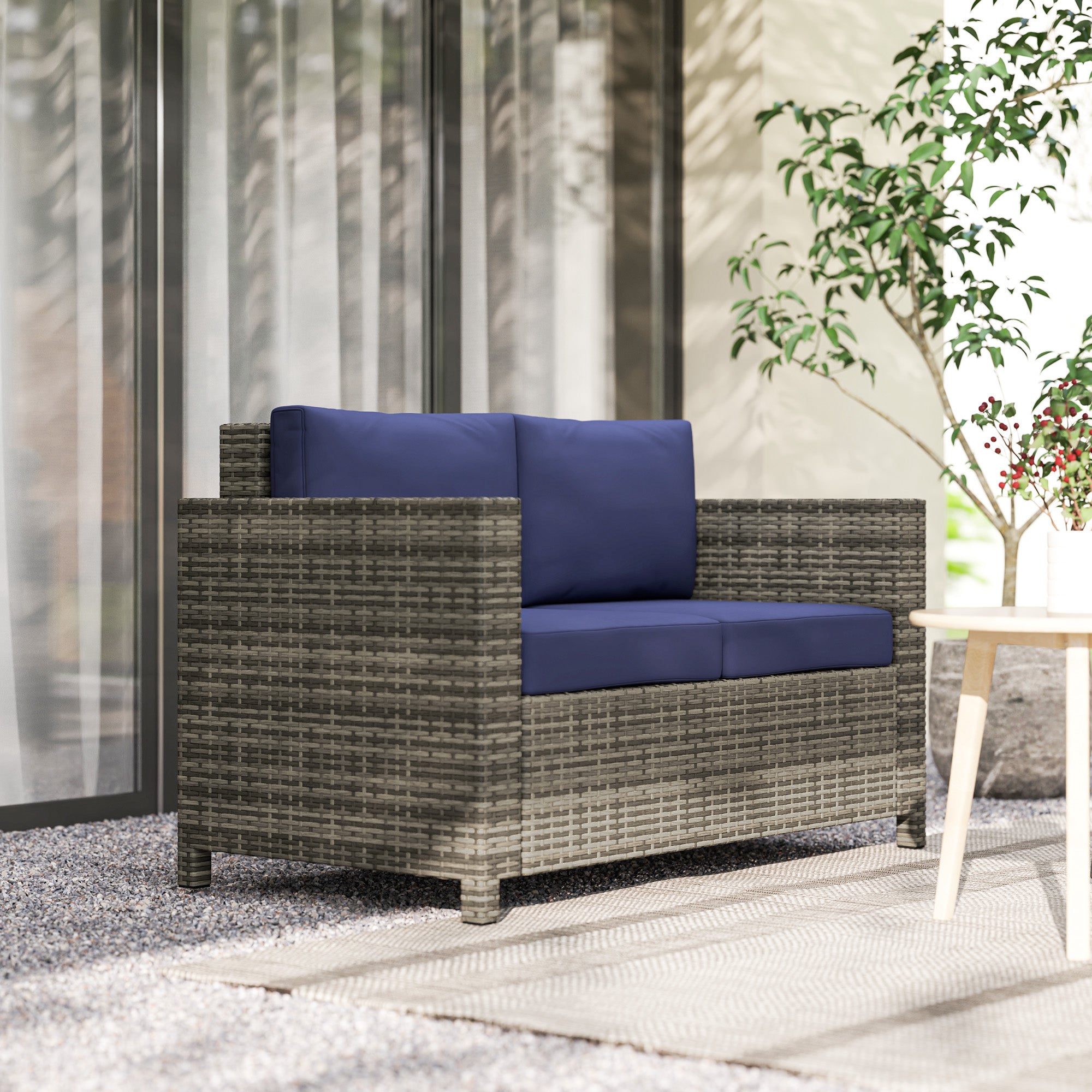 2 Seater Rattan Garden Sofa with Padded Cushions and Armrests Navy Blue