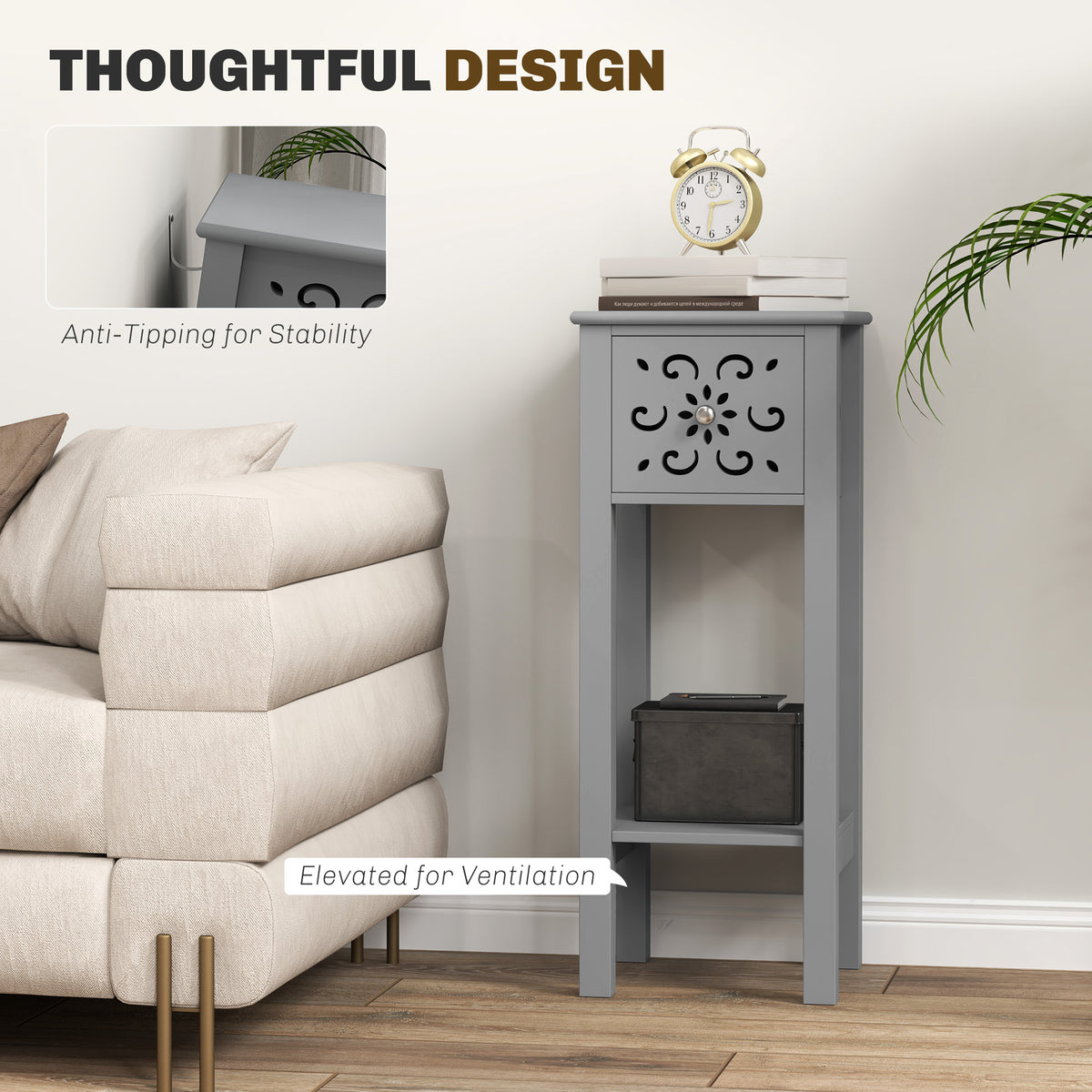 Set of 2 Elegant Floral Cut-Out Side Tables with Drawer and Shelf - Grey