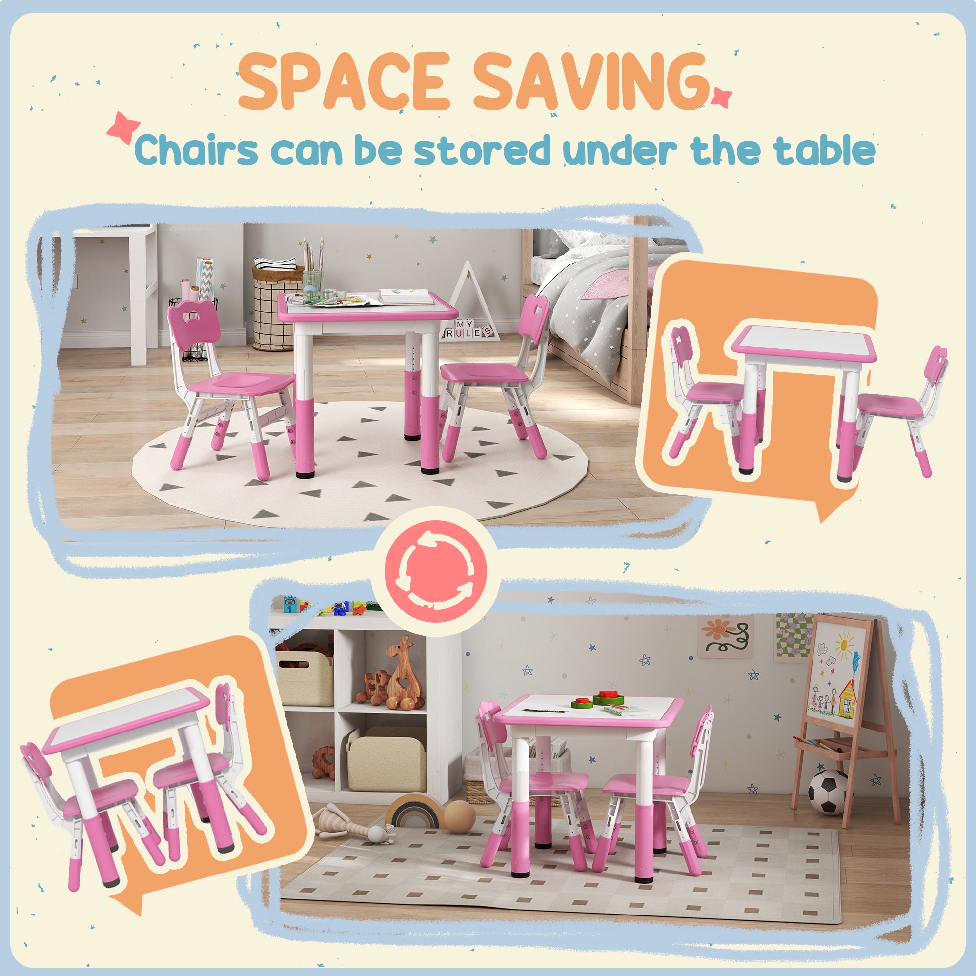 3 Piece Height Adjustable Toddler Table and Chair Set - Pink