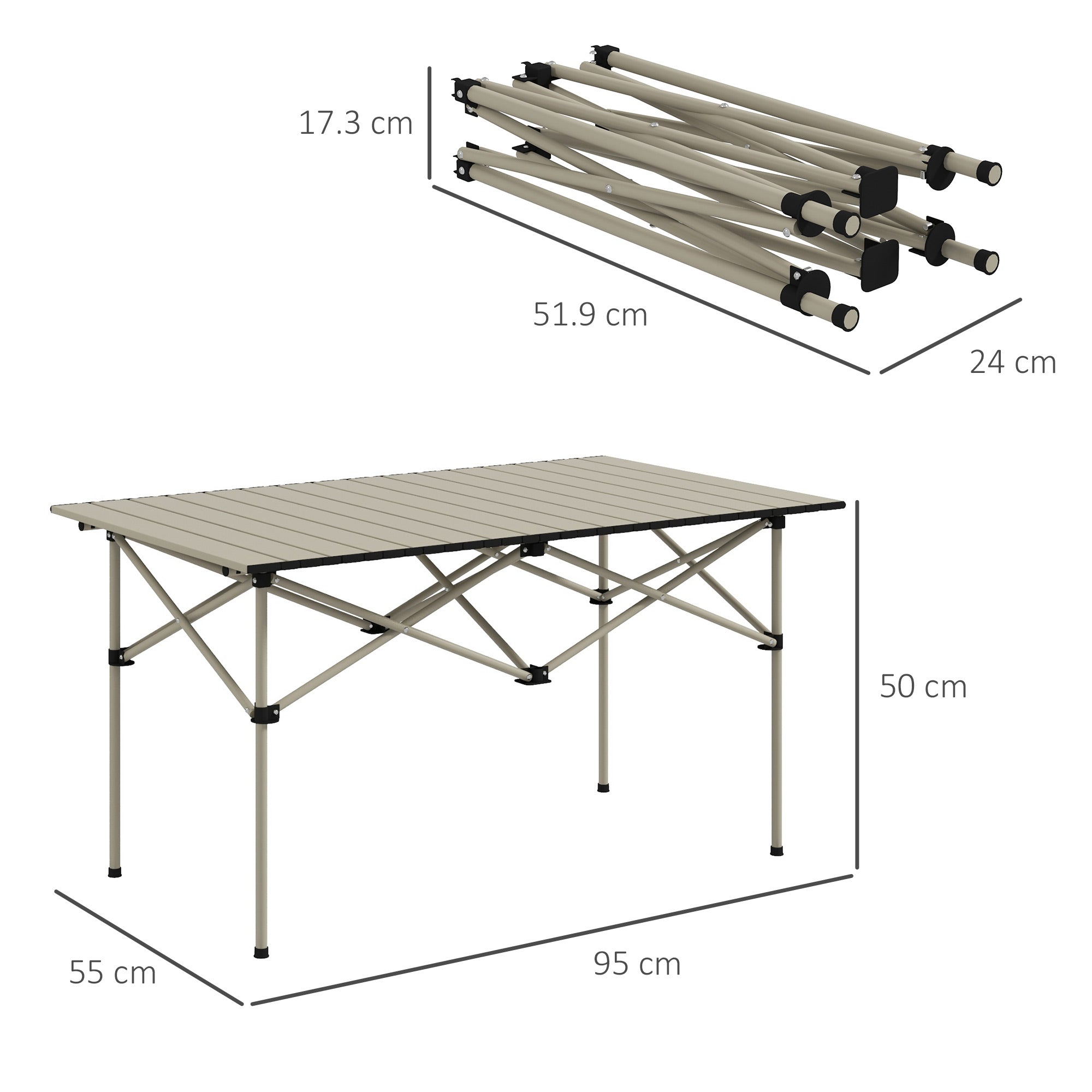 Two-Seater Portable Aluminium Table, with Roll-Up Tabletop and Bag - Khaki