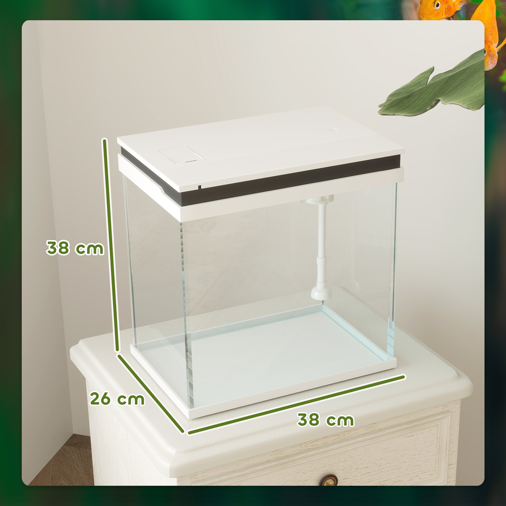26L Glass Fish Tank with Filter System, LED Lights, Water Pump, White