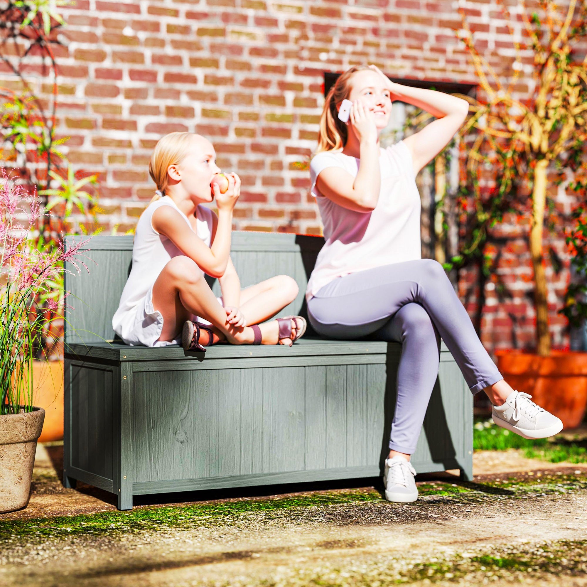 Wood Storage Bench for Patio Furniture, Outdoor Garden Seating Tools, Grey