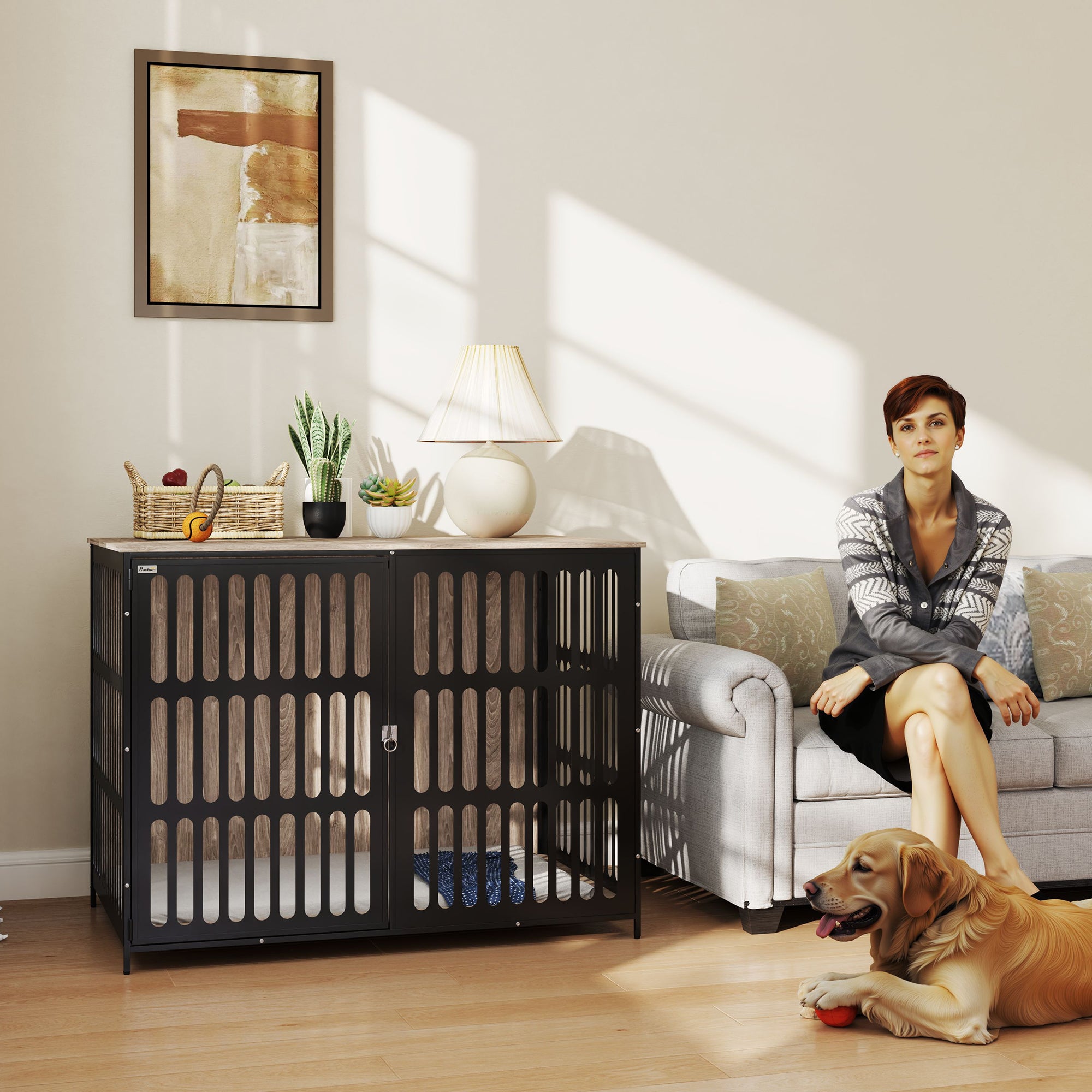 Dog Crate Furniture with Anti-Chew Resistant Mesh, Anti-Escape Single Door, for Extra Large Dogs, 118 x 80 x 92 cm