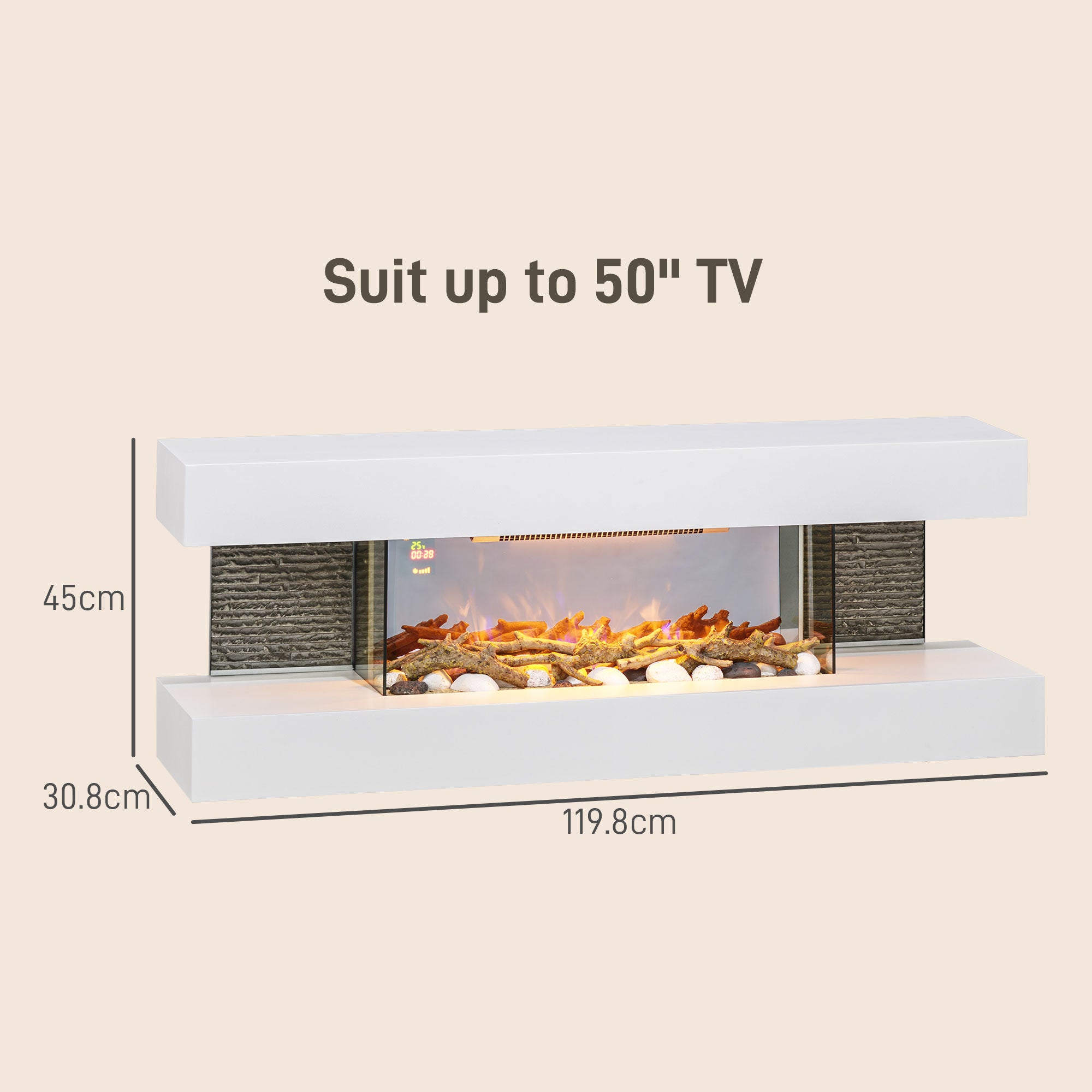 47inch / 120cm Electric Fireplace Wall Mounted, Freestanding, Glass Electric Fire Suite with Mantel, Adjustable LED Flame Effect, Log, Pebble, Remote Control, 2000W, White