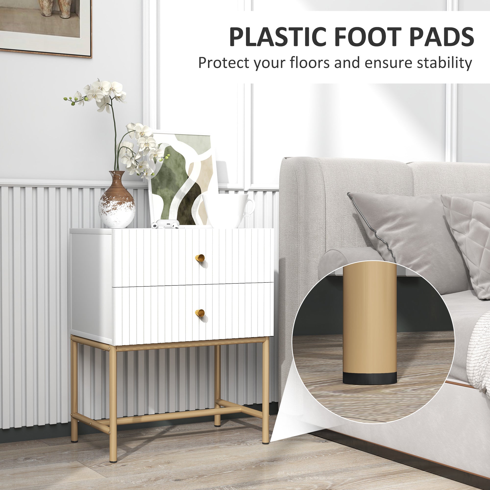 Elegant Two-Drawer Bedside Table with Gold Handles - White