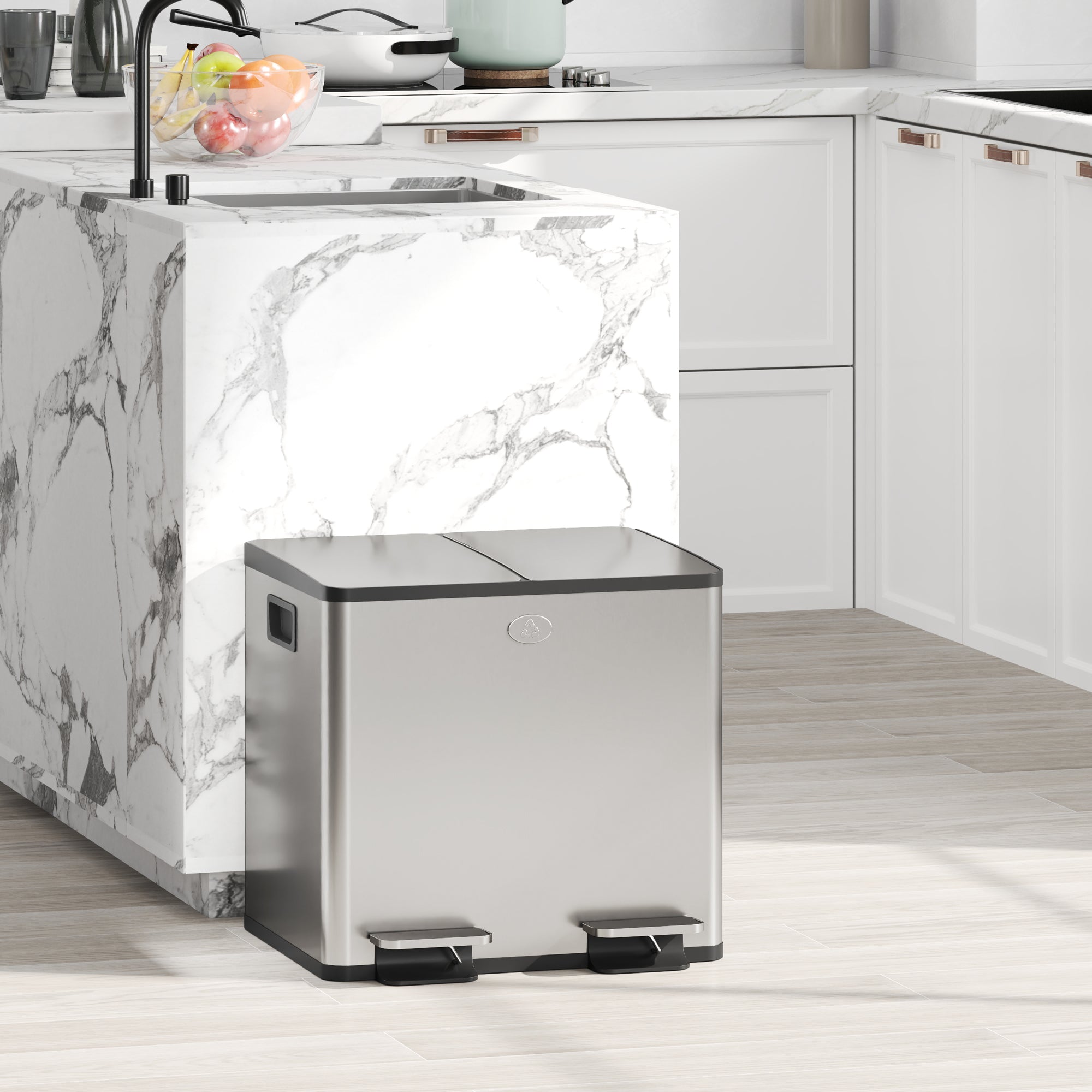 30L Dual Compartment Stainless Steel Bin, with Deodoriser Holders - Silver Tone