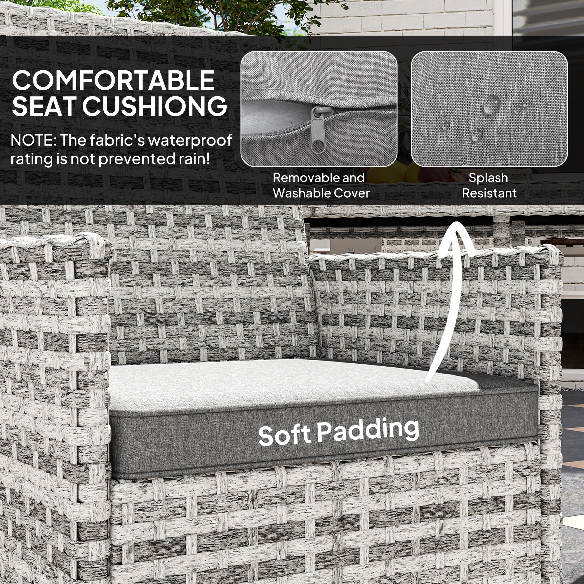 Rattan Garden Furniture Set, Outdoor Dining Table and Chairs 4 Seater with Cushions, Square Tempered Glass Top, 4 Armchairs, for Balcony, Terrace, Conservatory, Mixed-Grey