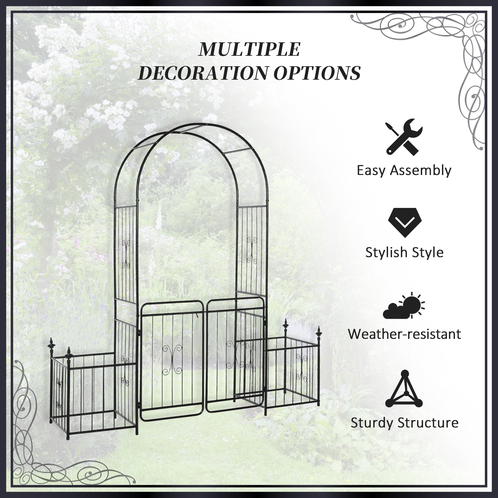 Metal Garden Arbor Arch with Double Doors, 2 Side Planter Baskets, Climbing Vine Frame, Black