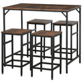 Industrial Rectangular Bar Table Set with 4 Stools for Dining Room Kitchen Dinette - Black Rustic Brown