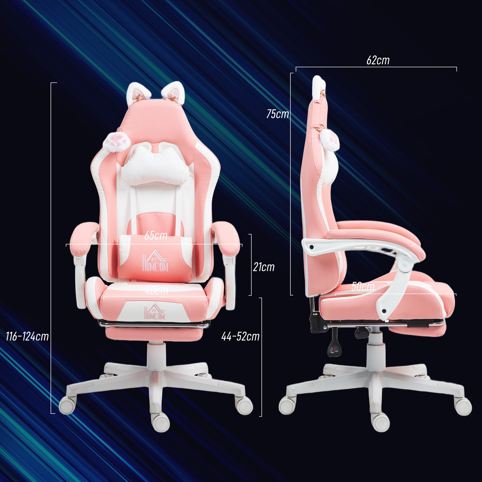 Cat Ear and Paw Reclining Office Chair, with Footrest - Pink/White