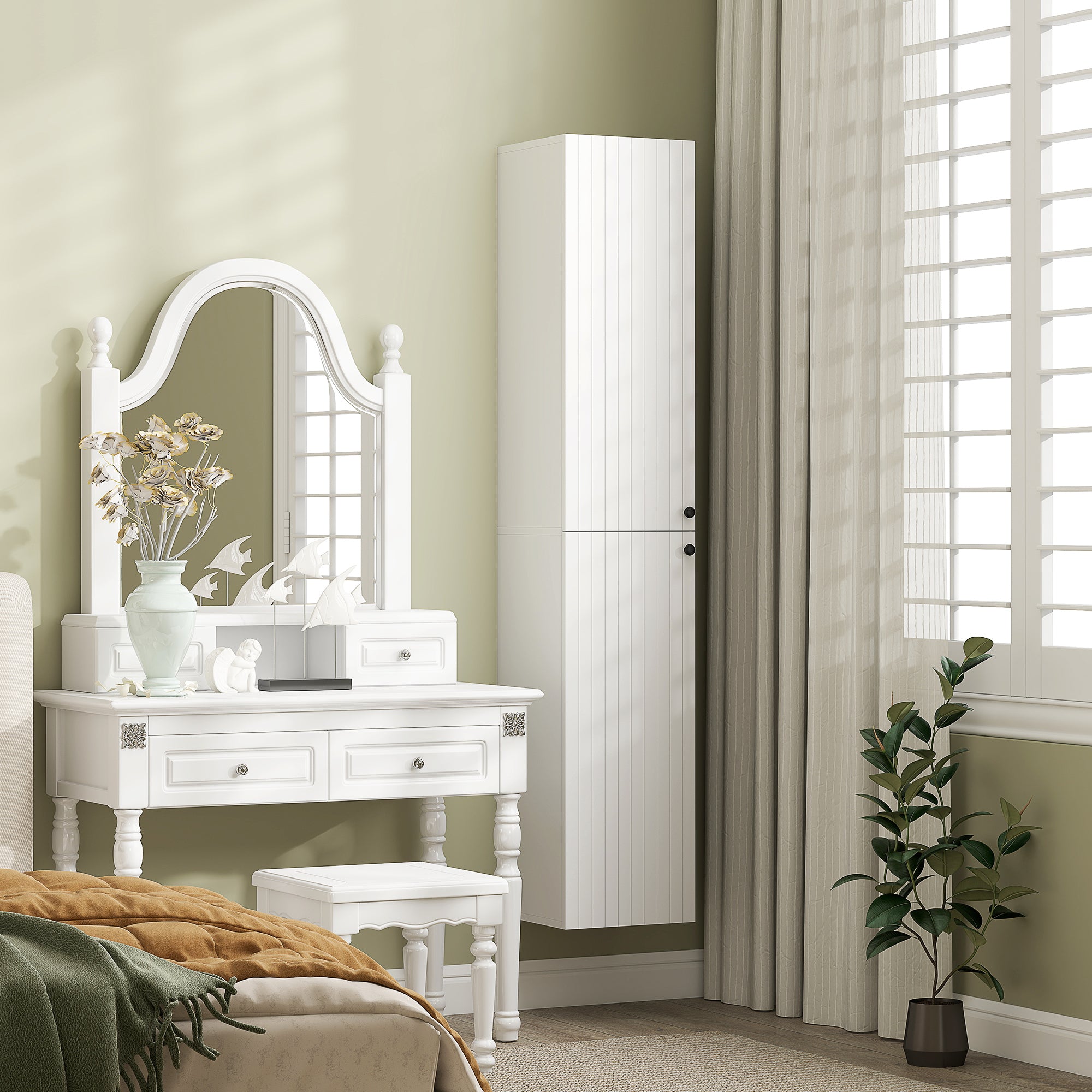 Wall Mounted Tall Bathroom Storage Cabinet with Soft-Close Hinges, Slim Bathroom Cabinet with 2 Doors, White