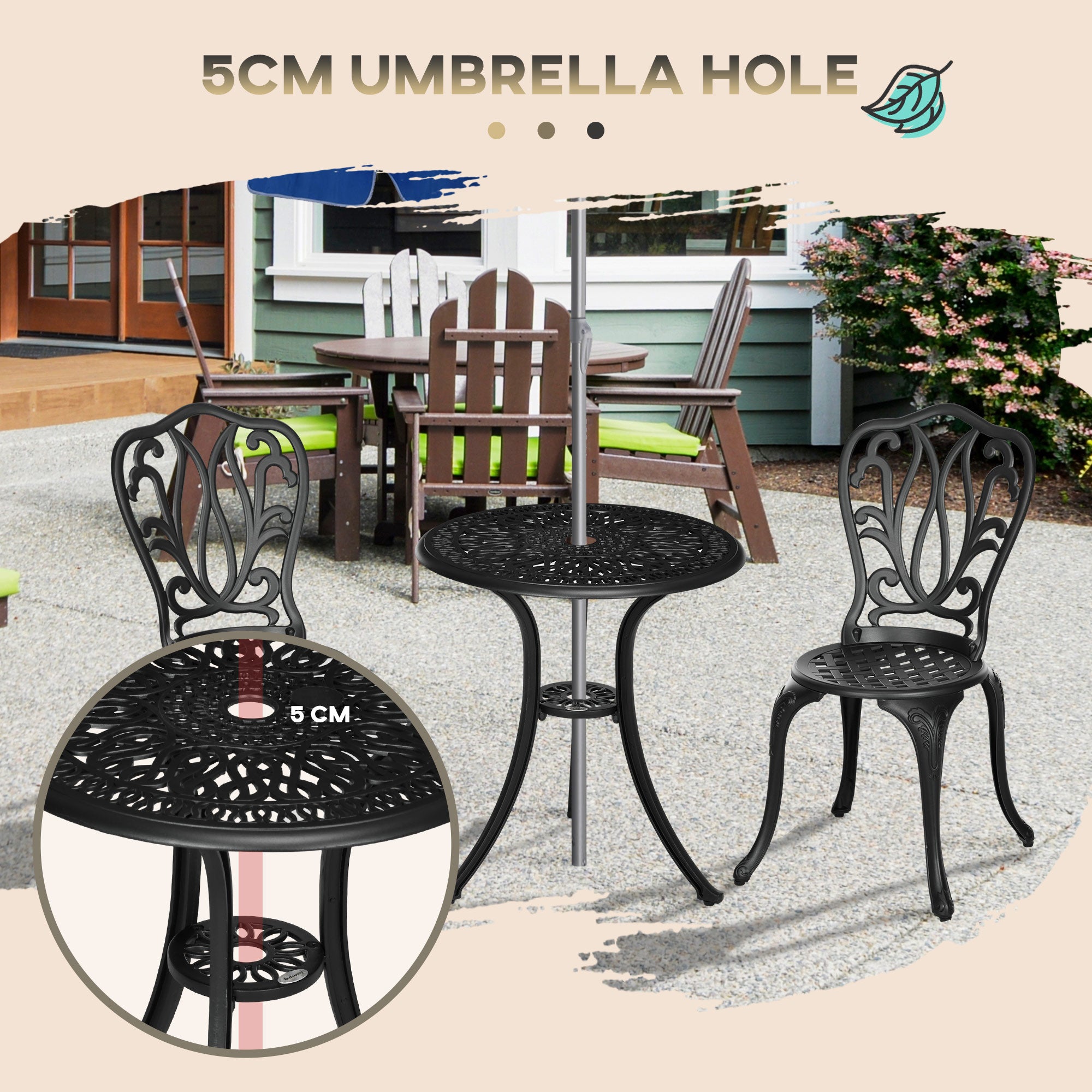 3 Piece Garden Bistro Set, Cast Aluminium Outdoor Furniture Set with Umbrella Hole for Balcony, Porch, Patio, Black