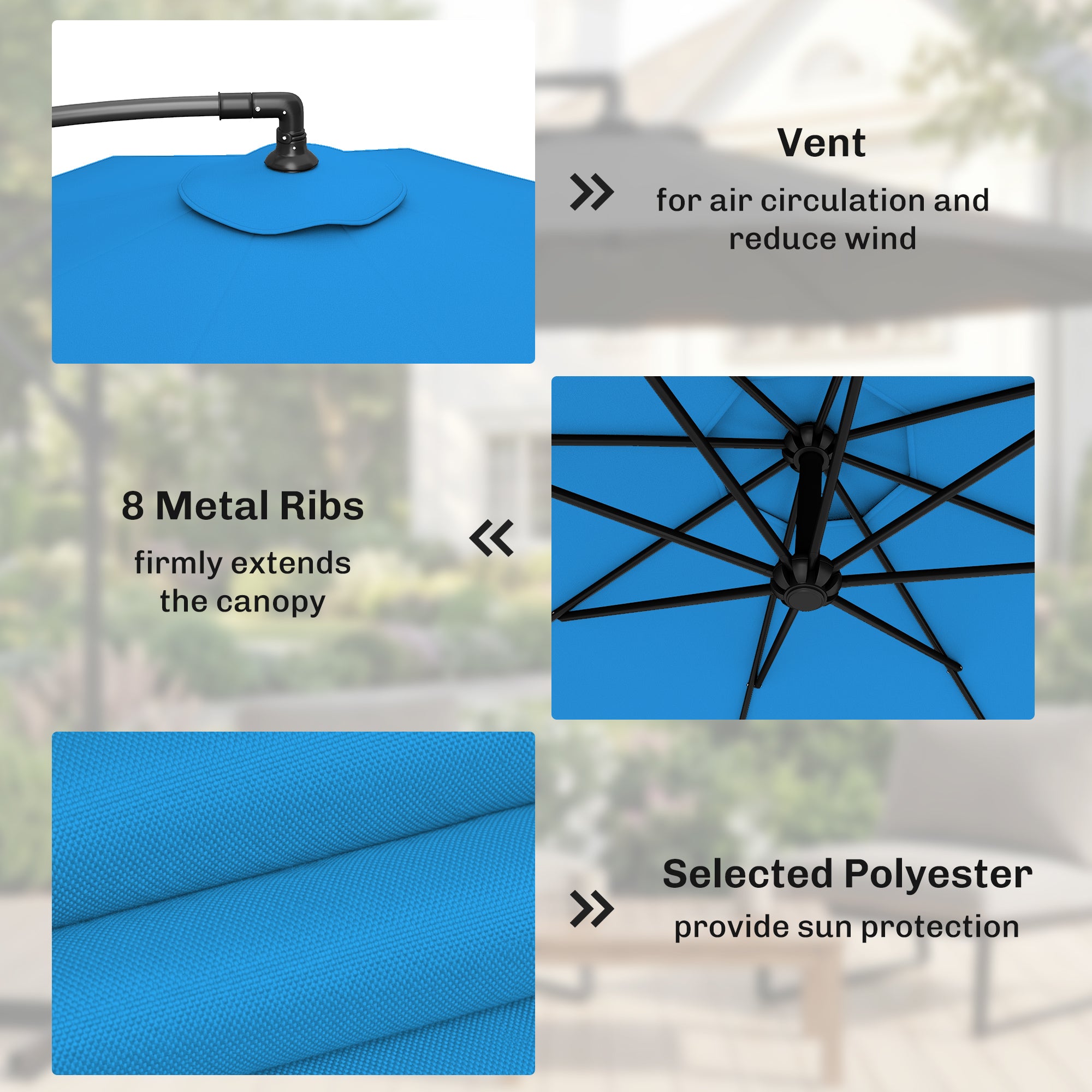 3m Overhanging Parasol, with Base, Weights and Cover - Blue