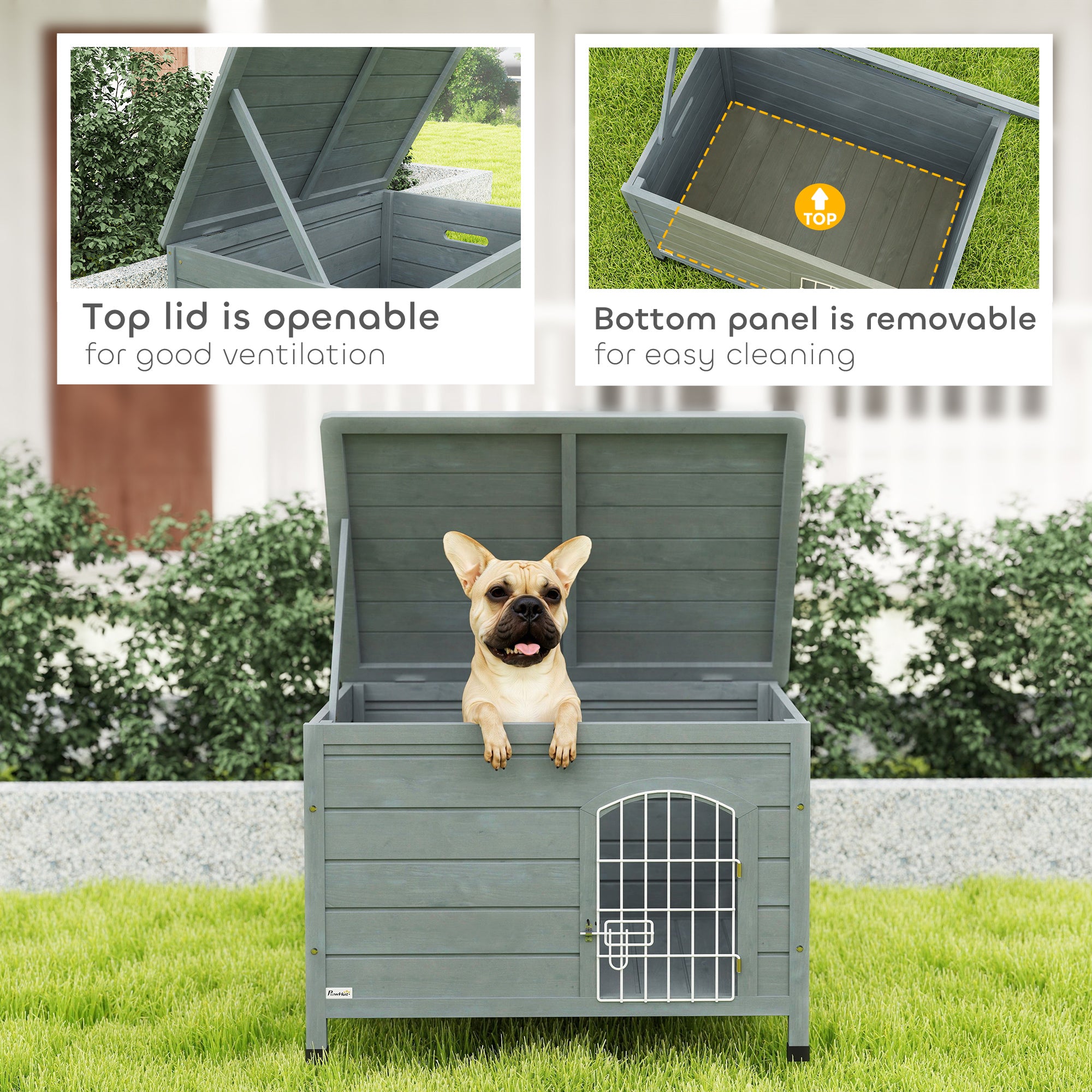 Wooden Dog House with Removable Bottom, Wire Door, Openable Top, Pet Shelter for Small Dog, 80 x 55 x 53.5cm, Dark Grey