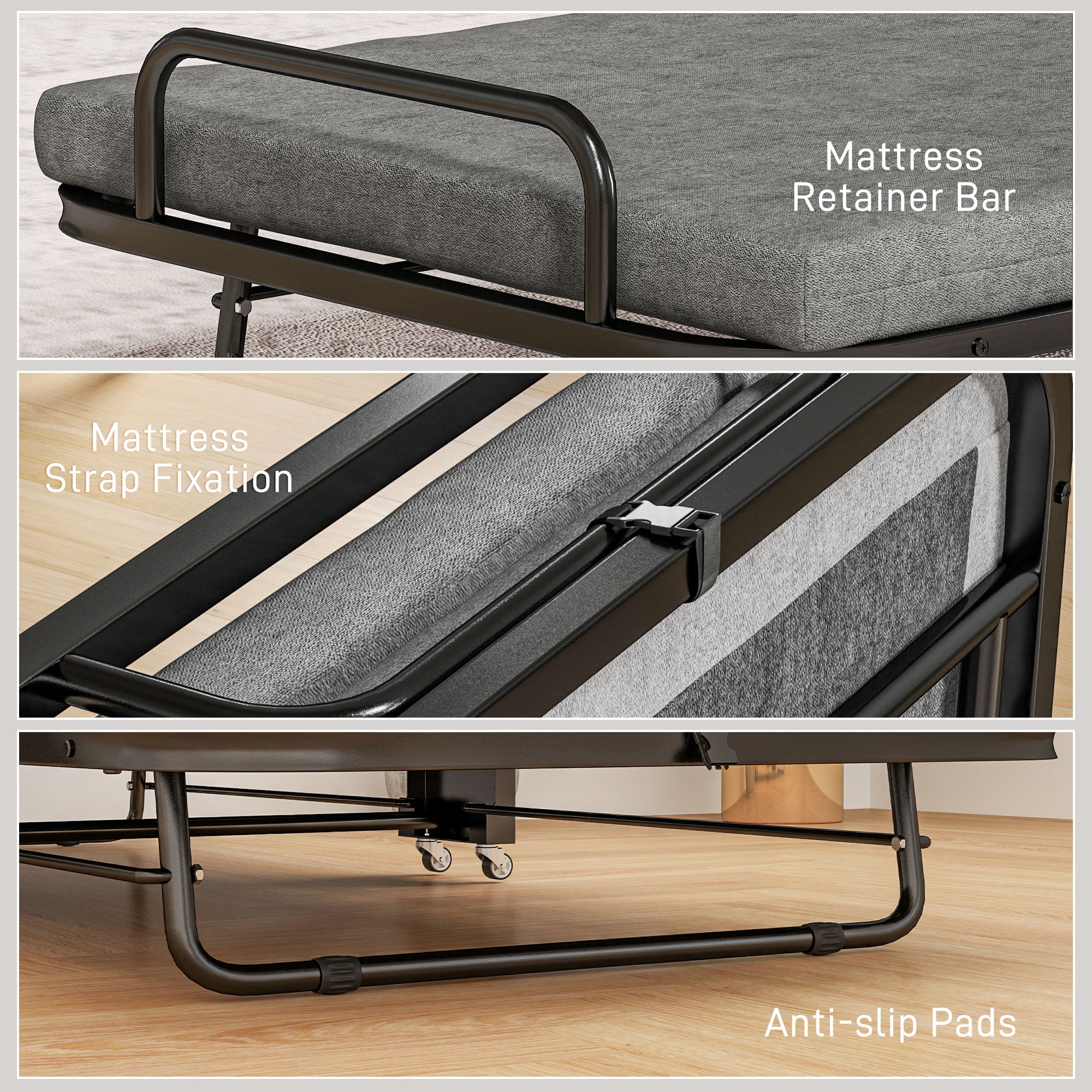 Single Temporary Folding Bed with Comfortable Mattress - Grey