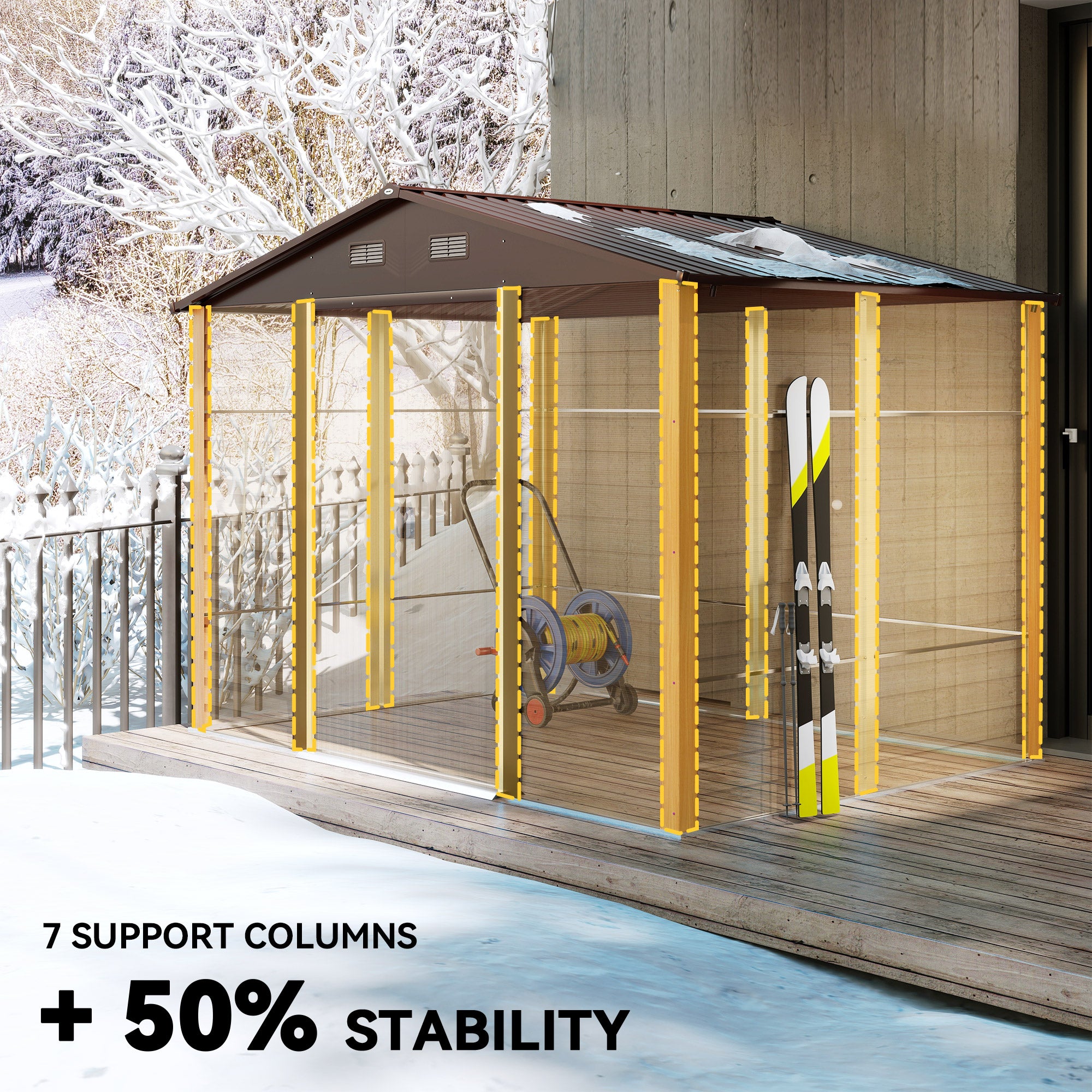 9 x 6ft Galvanised Steel Shed with Double Sliding Doors with 4 Ventilation Slots - Brown Wood-Effect
