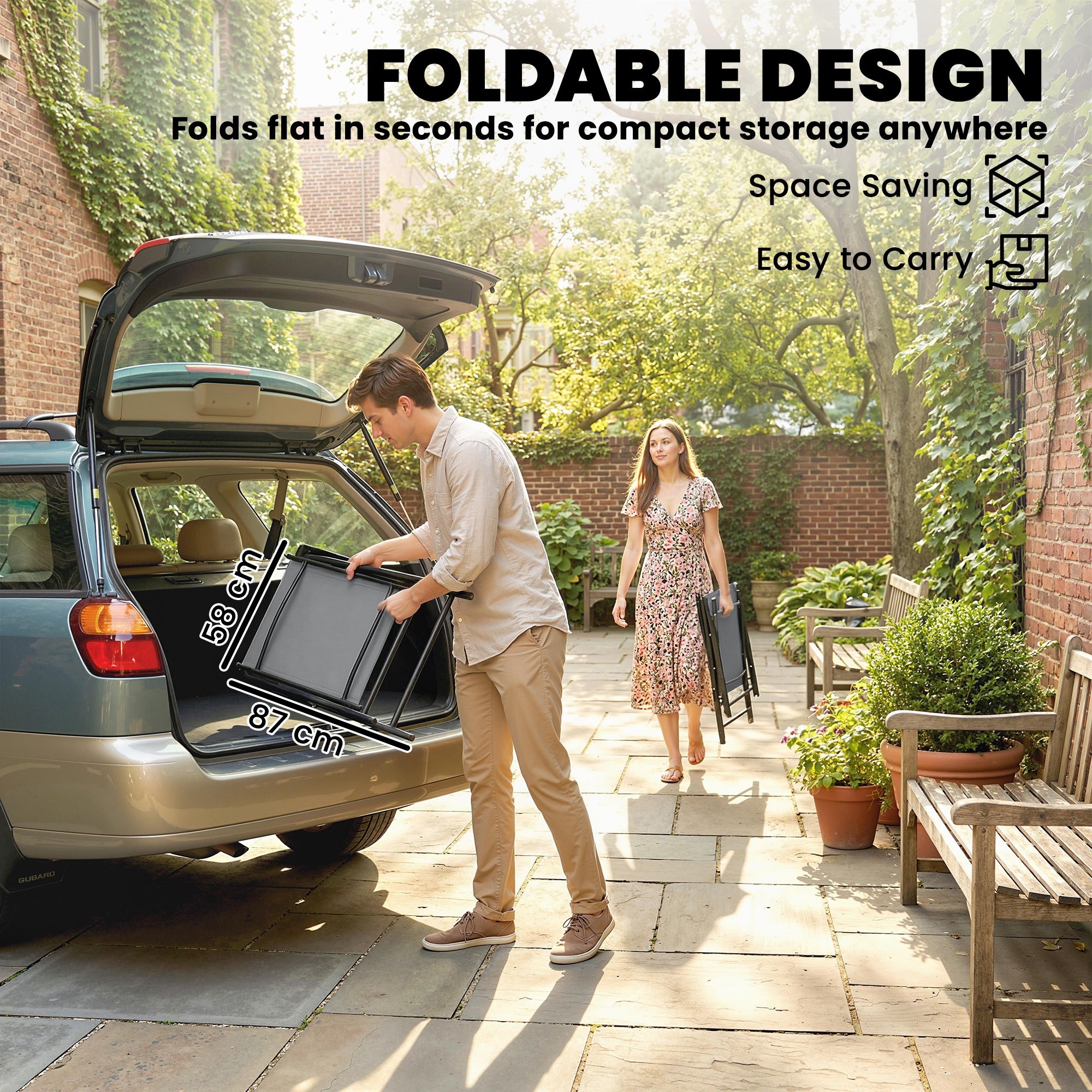 Folding Garden Chairs Set of 4, Foldable Garden Dining Chairs with High Back, Armrests, Texteline Seat, Light Grey