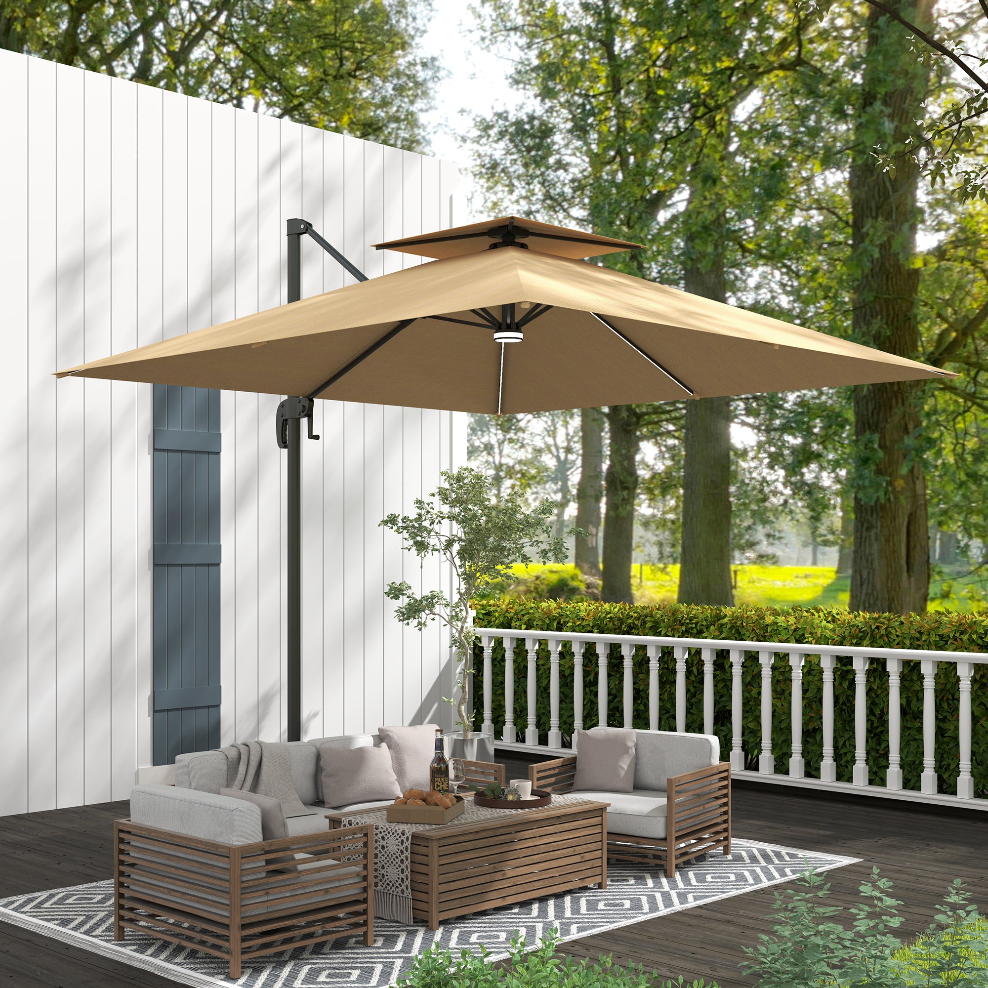 2.5m Cantilever Parasol with Solar LED Lights and 360° Rotation - Khaki