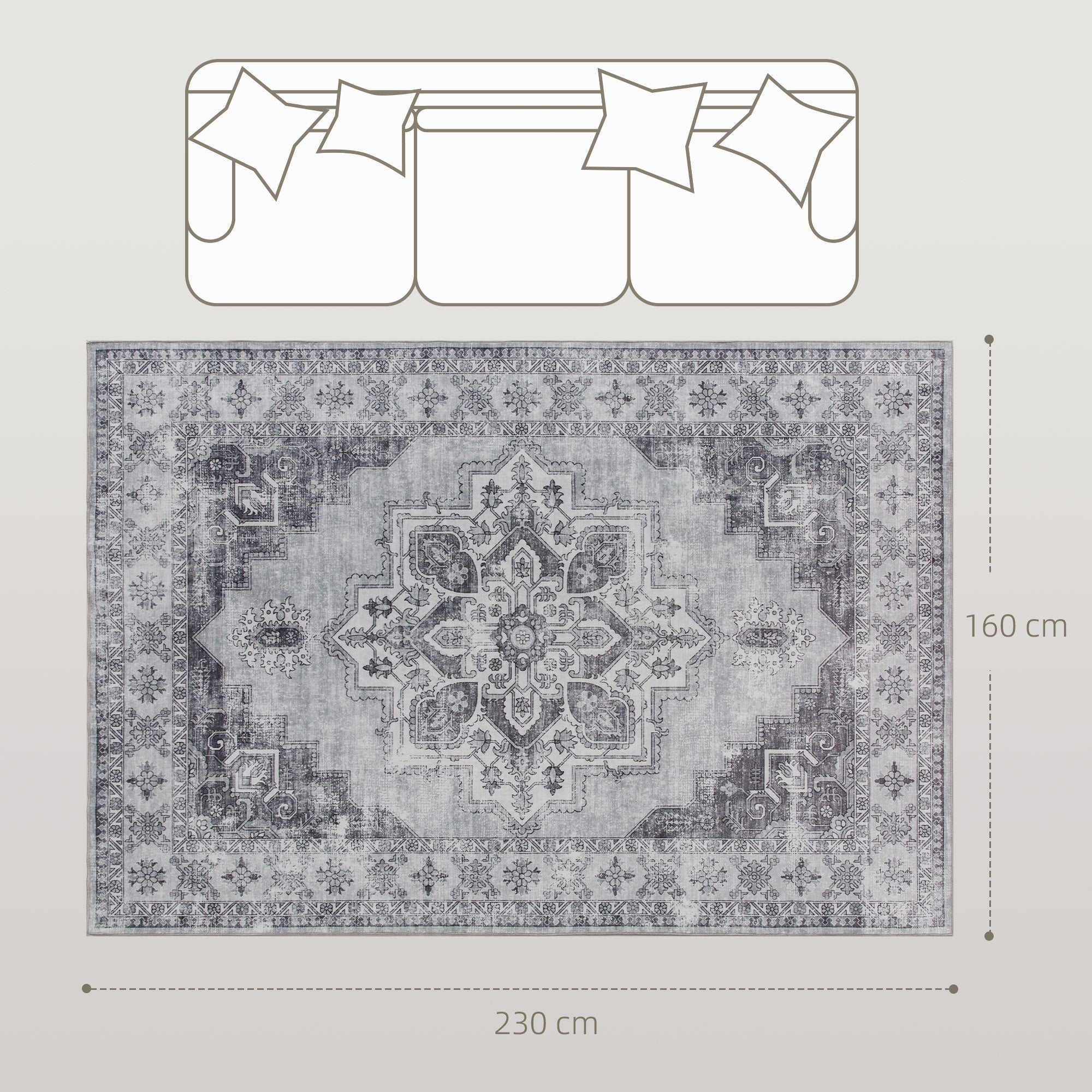 Vintage Area Rug, Non-Slip Washable Rug, Flannel Floor Carpet for Living Room, Bedroom, Dining Room, Home Office, 230 x 160 cm, Grey
