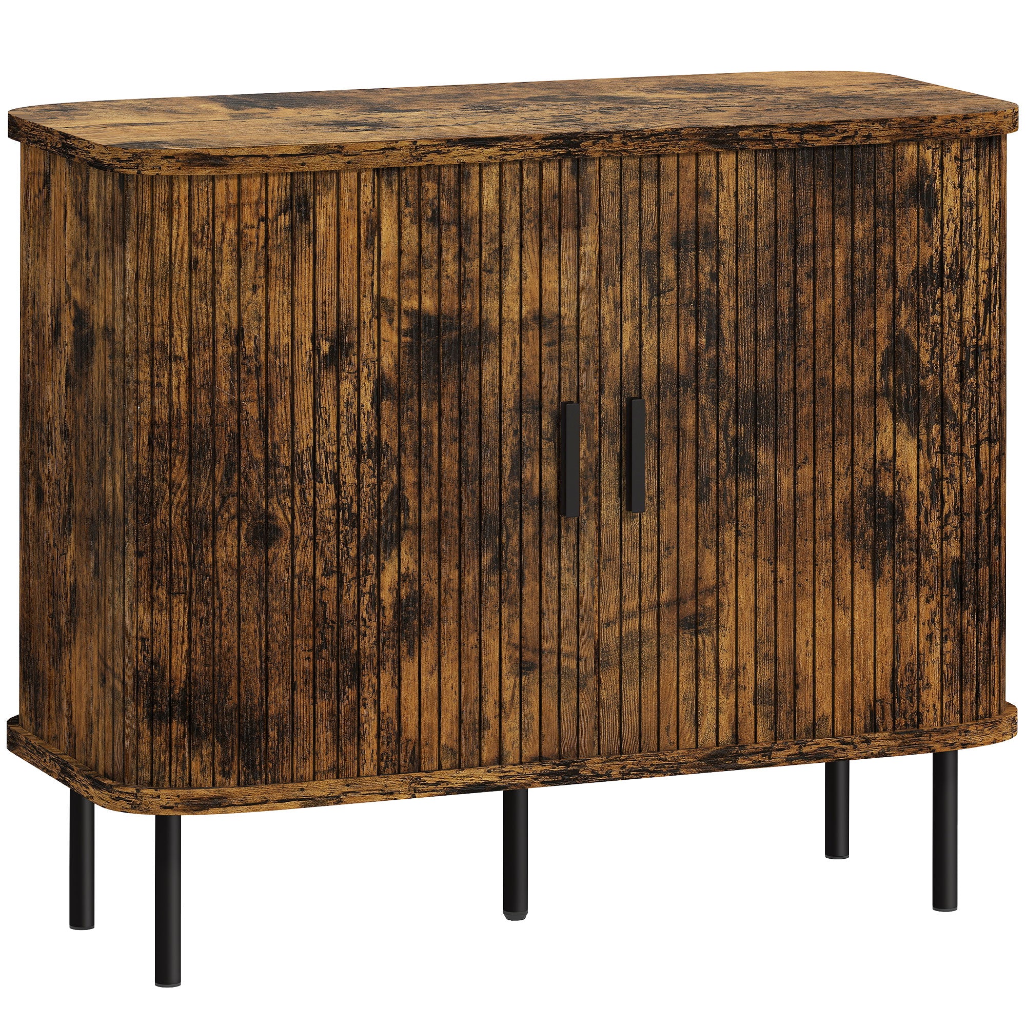 Mid-Century Modern Sideboard Storage Cabinet with Slatted Tambour Sliding Doors, Kitchen Cabinet with Steel Legs, Rustic Brown
