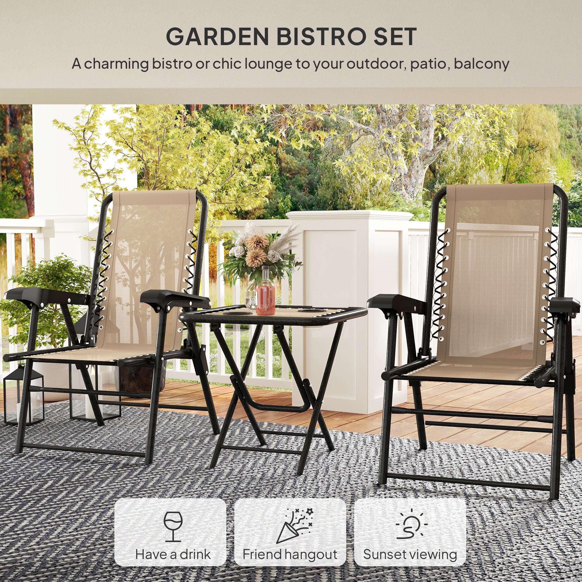 3 Piece Garden Table and Chair Set with Texteline Fabric - Khaki
