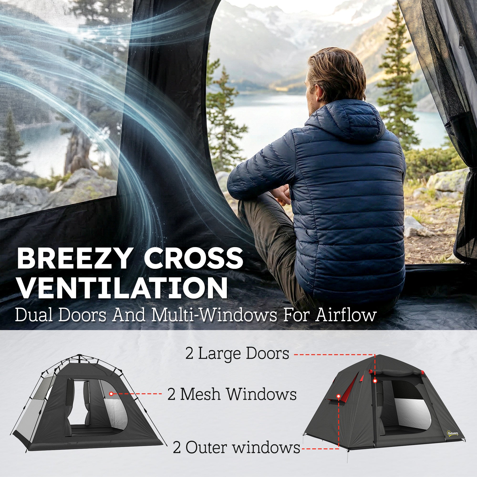 Camping Tent 3000mm Waterproof Tent with 2 Doors, Dark Grey and Red