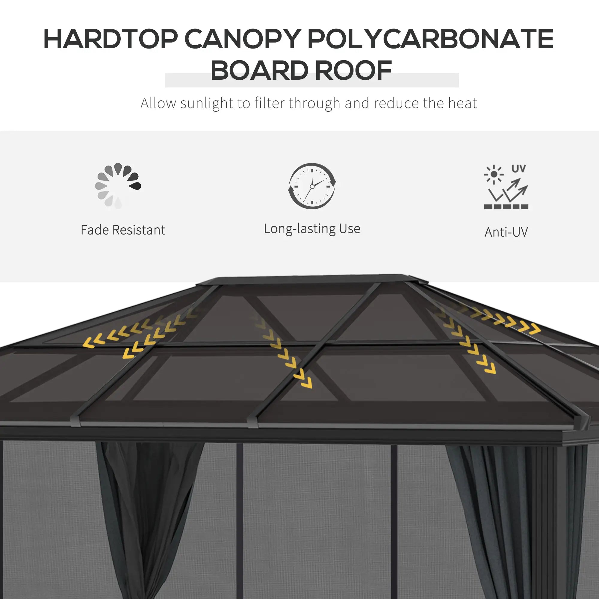 3 by 3.6 Metre Hardtop Gazebo with Polycarbonate Roof and Curtains - Dark Grey
