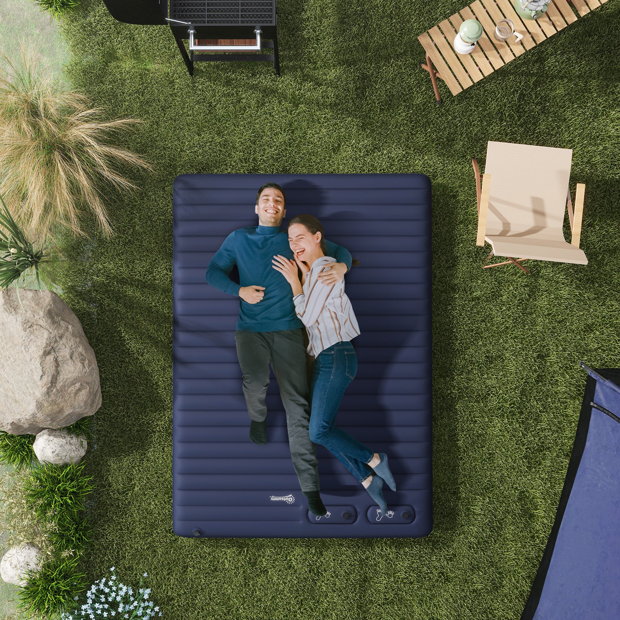 Double Inflatable Mattress, with Built-In Pump - Blue