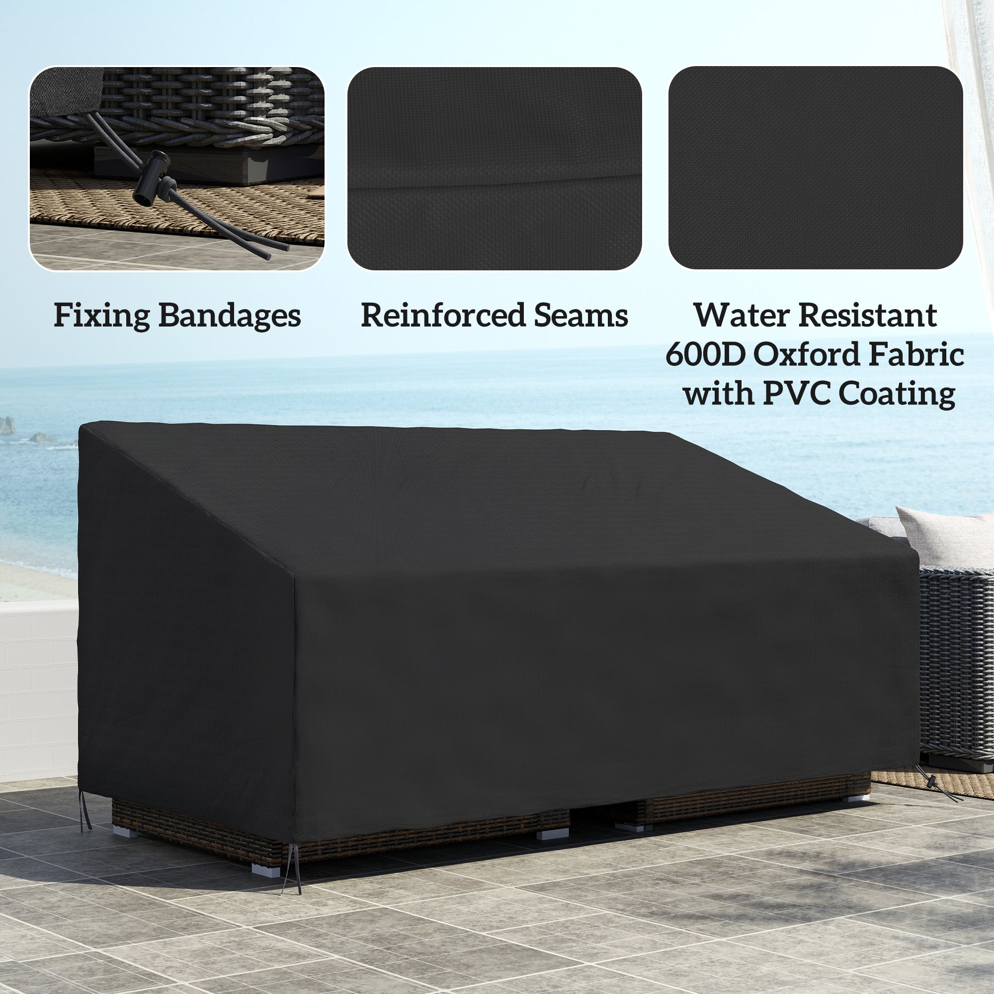 600D Oxford Cloth 3 Seater Sofa Furniture Cover Waterproof for Garden Patio - Black