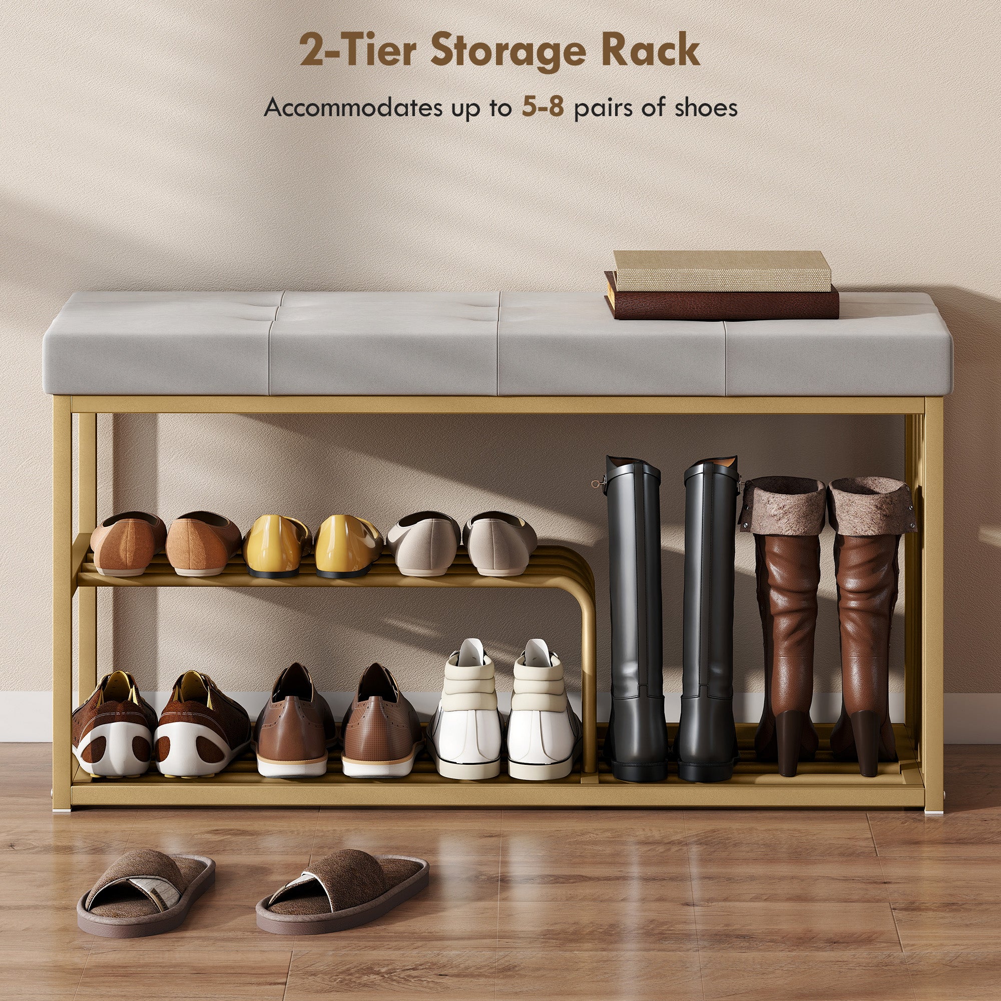 Bench and Shoe Storage, Tufted Shoe Storage Bench with Velvet Seat Cushion Gold Steel Frame for Entryway, Grey