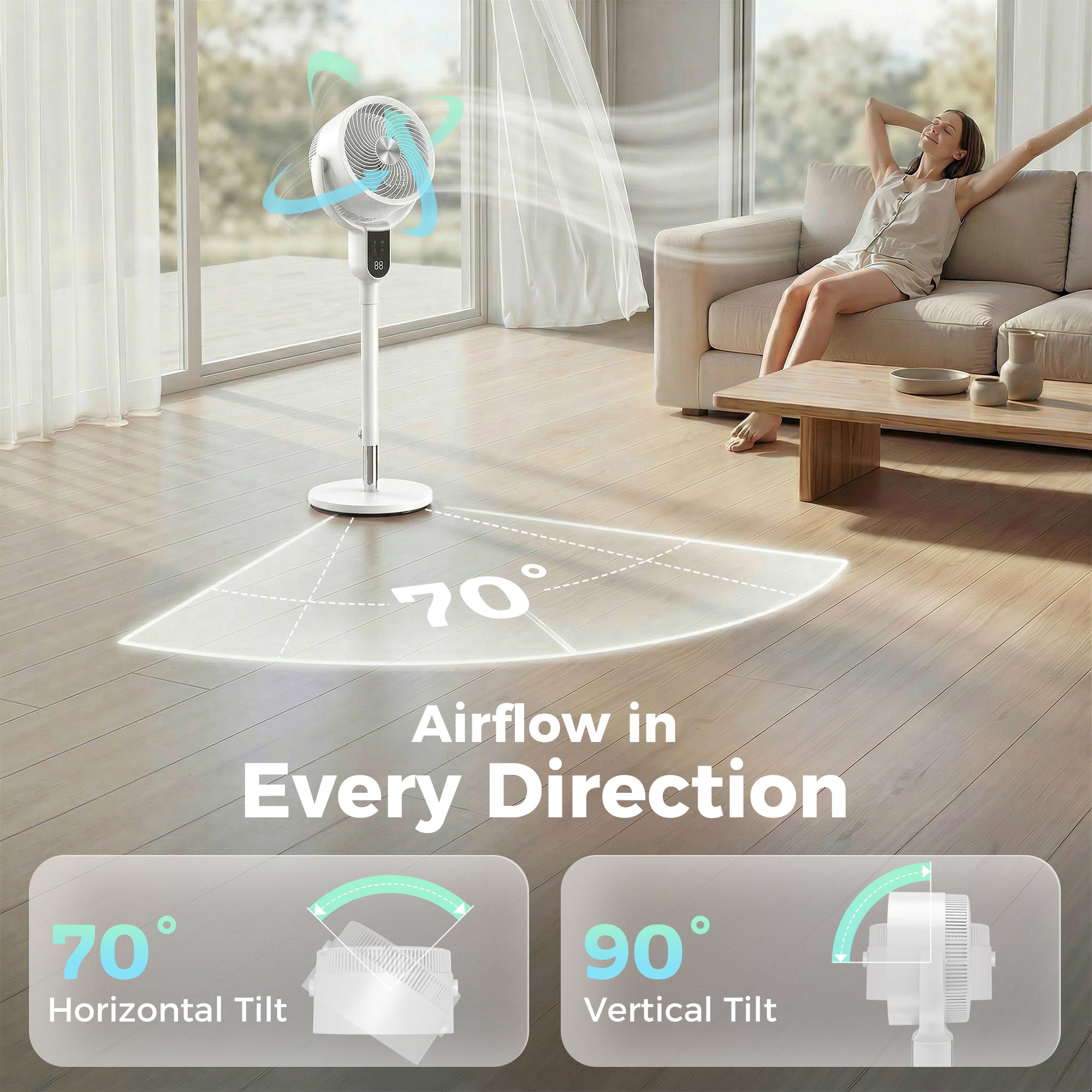 20 dB Silent Standing Fan for Bedroom, 42" Pedestal Fan with Remote, 90° Oscillating, 8 Speeds, Remote Control, White