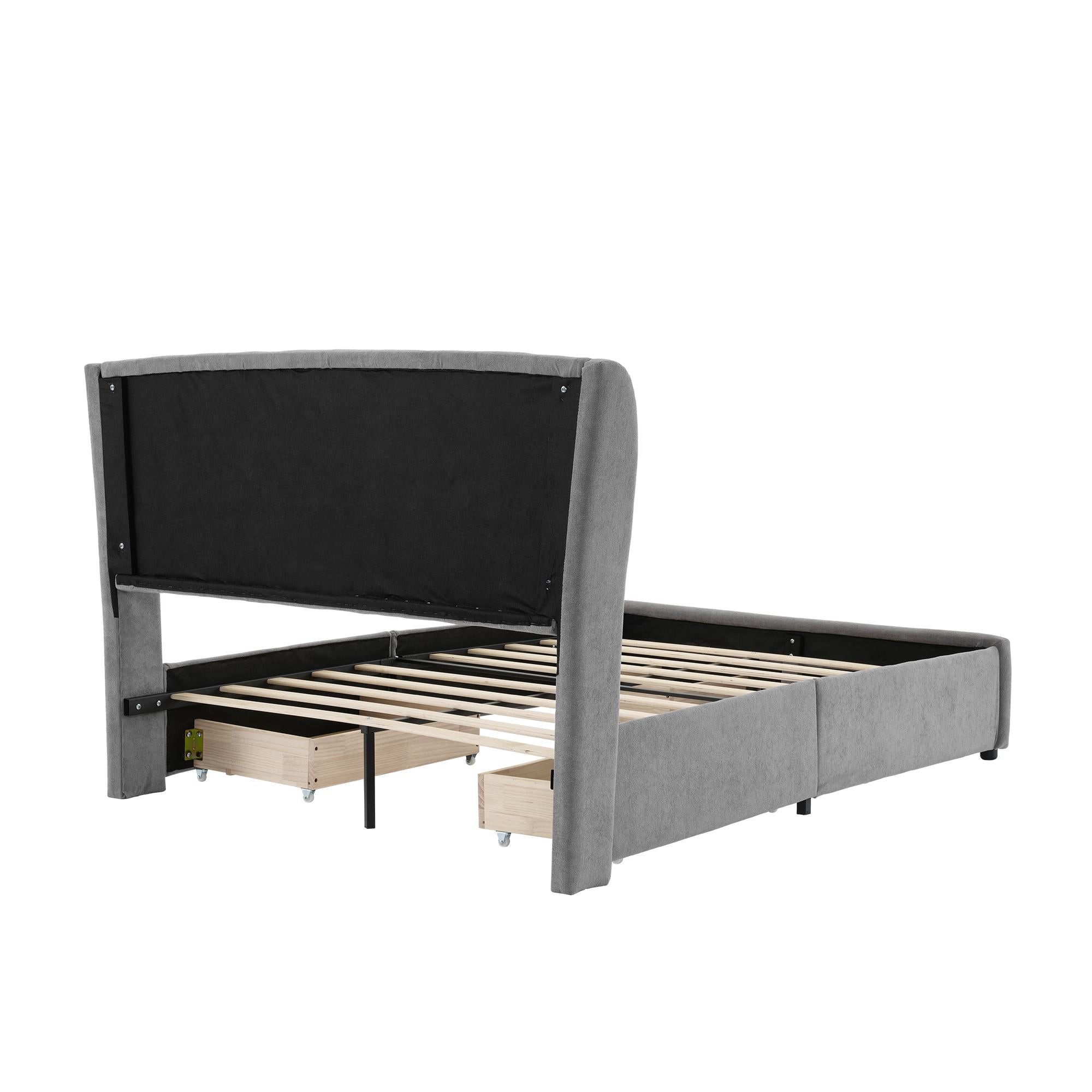 Upholstered Storage Bed with 4 Drawers and Soft Backrest - Gray