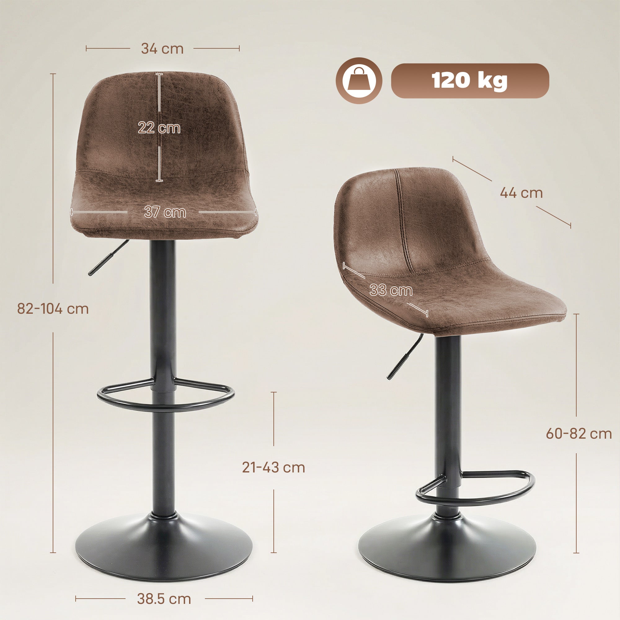 Bar Stools Set of 2, Modern Swivel Barstools with Footrest for Kitchen Island and Dining Room, Brown