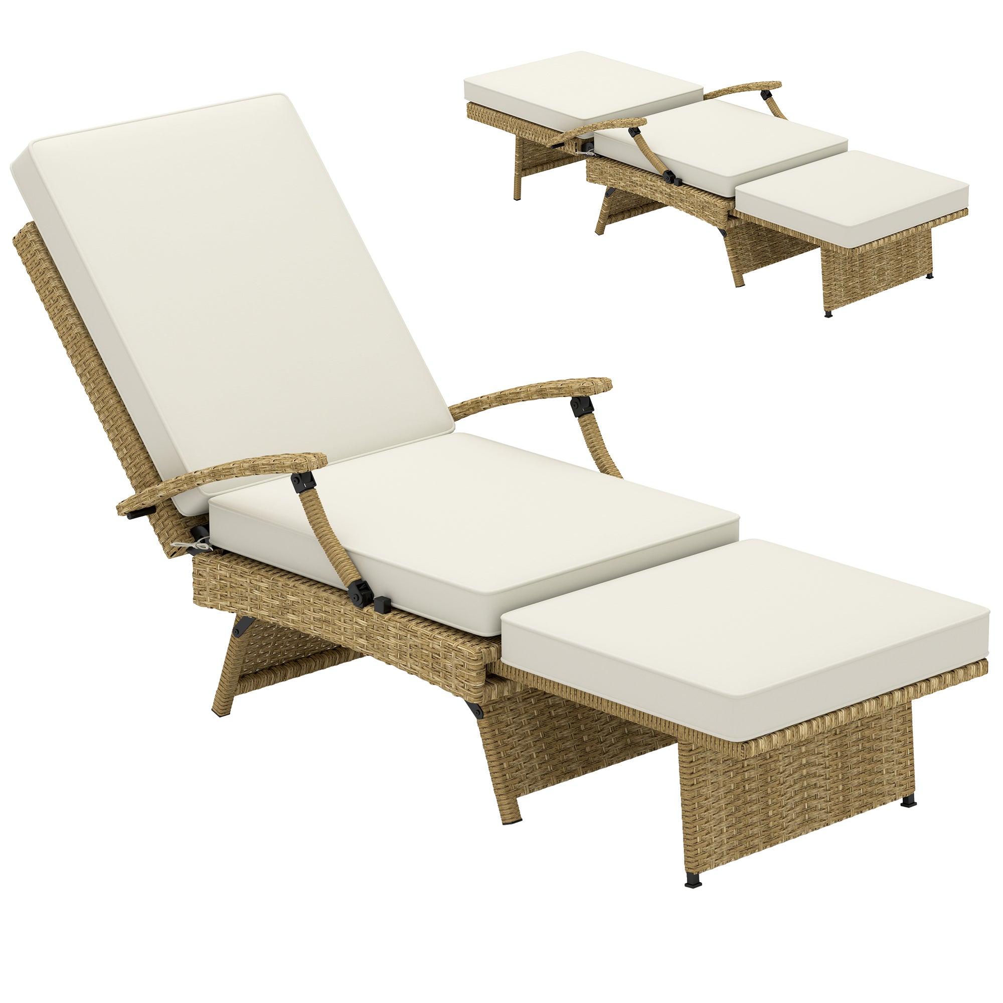 80 Degree Reclining Rattan Lounger With Adjustable Backrest - White Beige