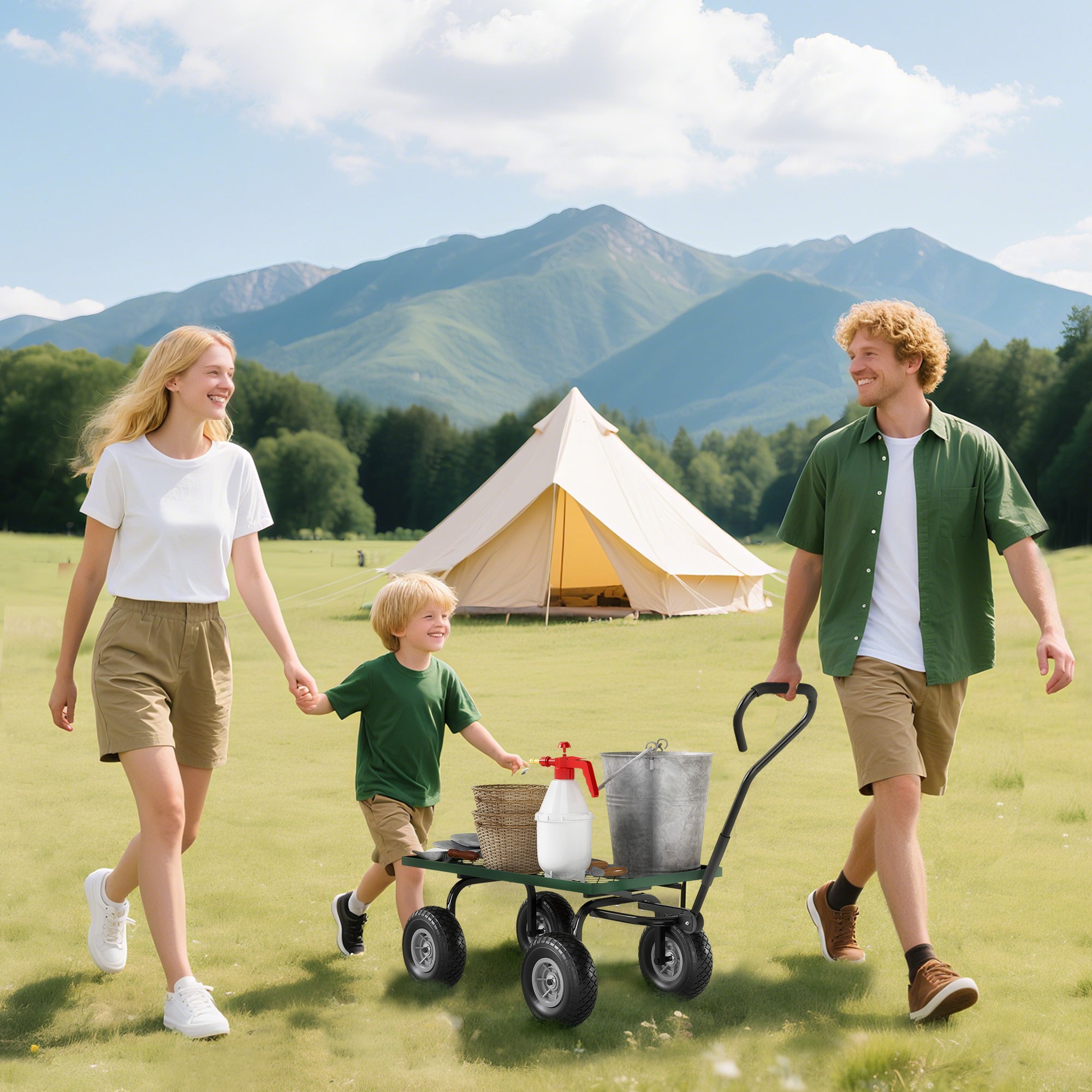 Garden Trolley Cart, Heavy Duty Garden Cart with Metal Frame, 10" Pneumatic Wheels, Rotating Handle, 150kg Capacity, for Garden, Farm, Green