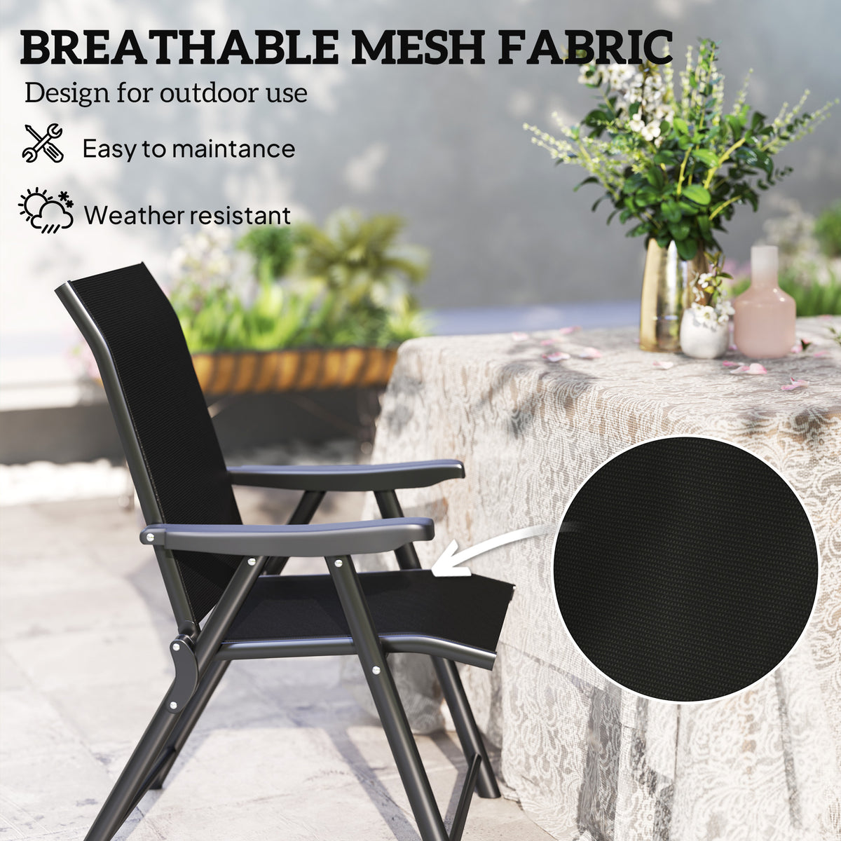Set of 2 Folding Outdoor Chairs with Breathable Mesh Seats and Armrests - Black